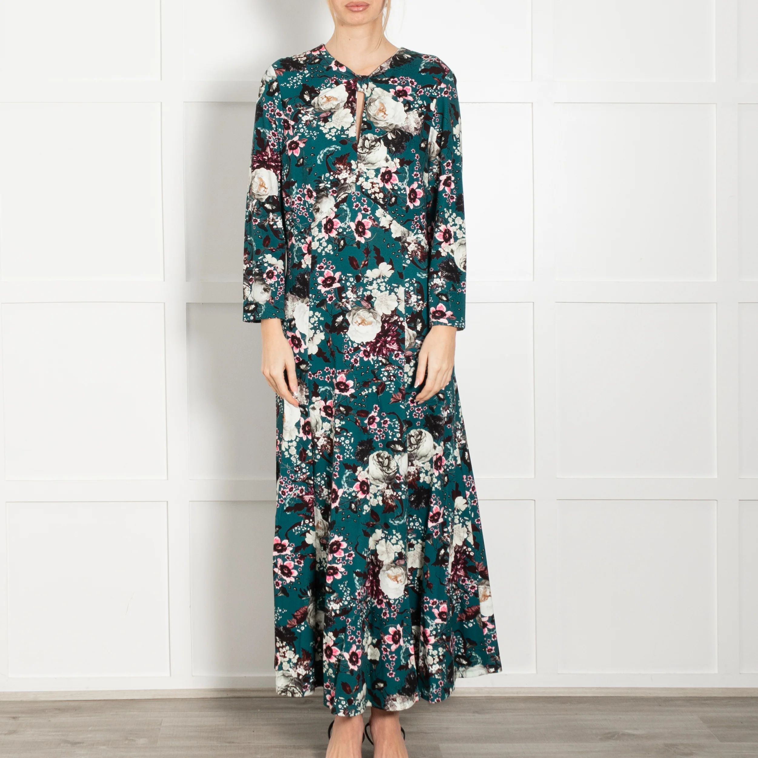 Erdem Teal White Pink Floral Jersey Maxi Dress - Image 2