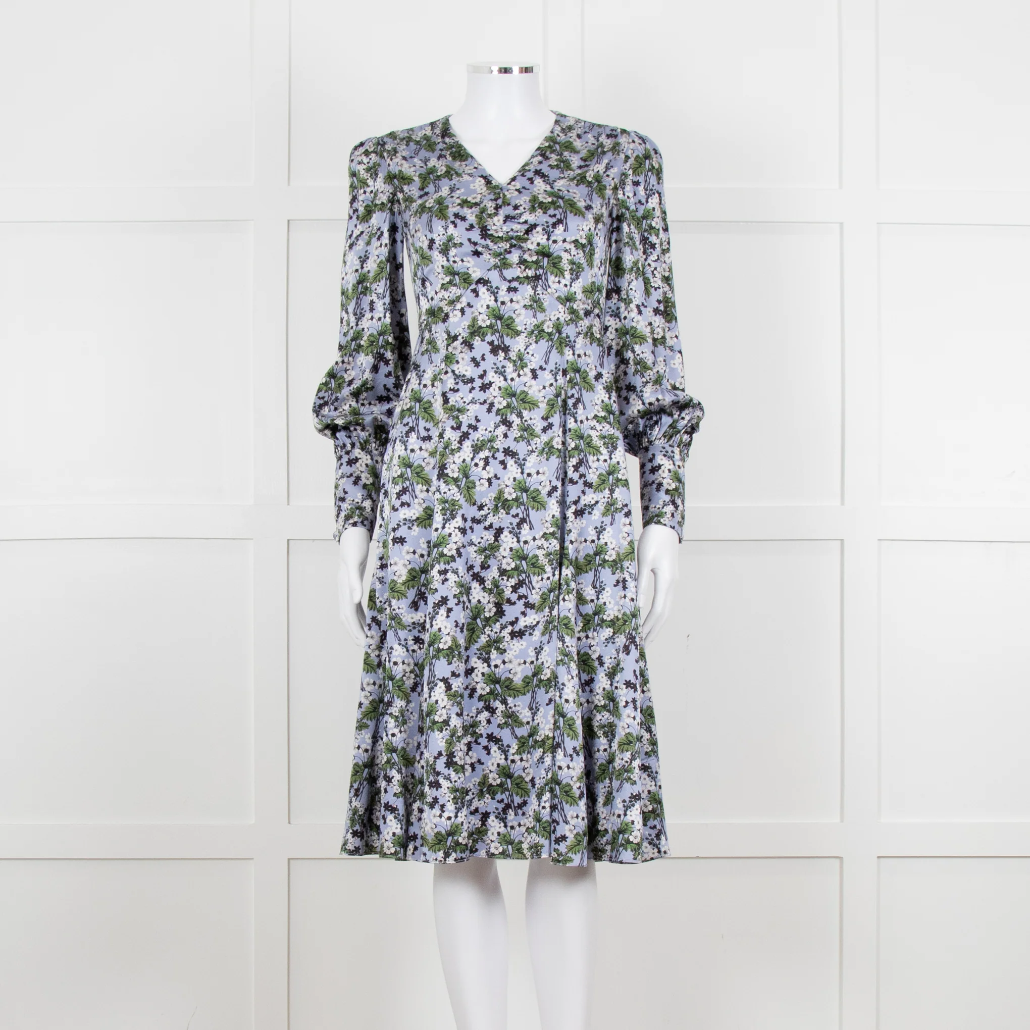 Erdem V Neck Blue Floral Silk Satin Midi Orisis Dress