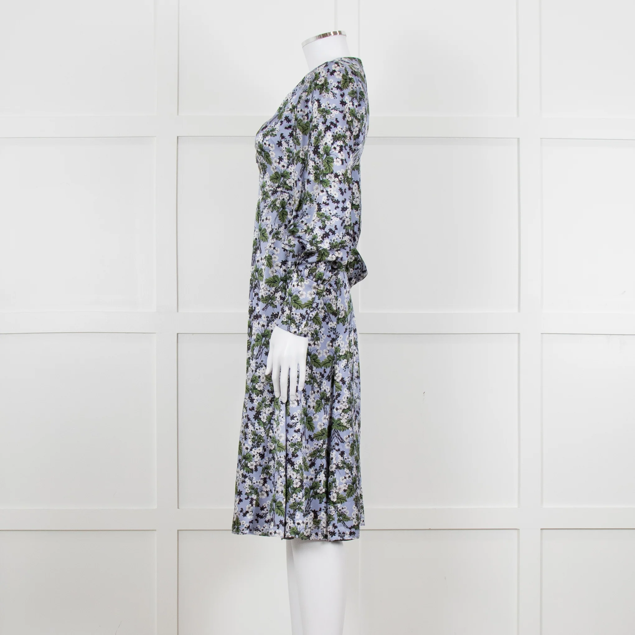 Erdem V Neck Blue Floral Silk Satin Midi Orisis Dress - Image 3