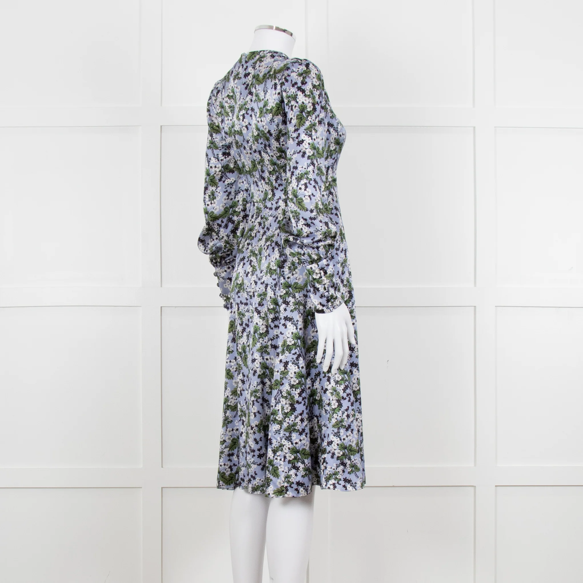 Erdem V Neck Blue Floral Silk Satin Midi Orisis Dress - Image 6