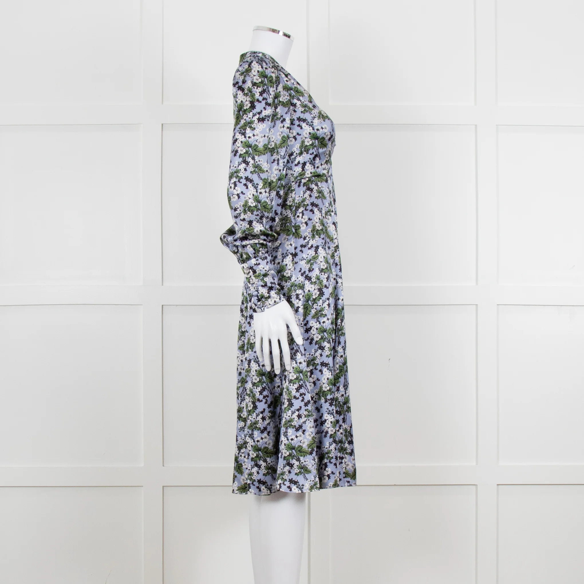 Erdem V Neck Blue Floral Silk Satin Midi Orisis Dress - Image 7
