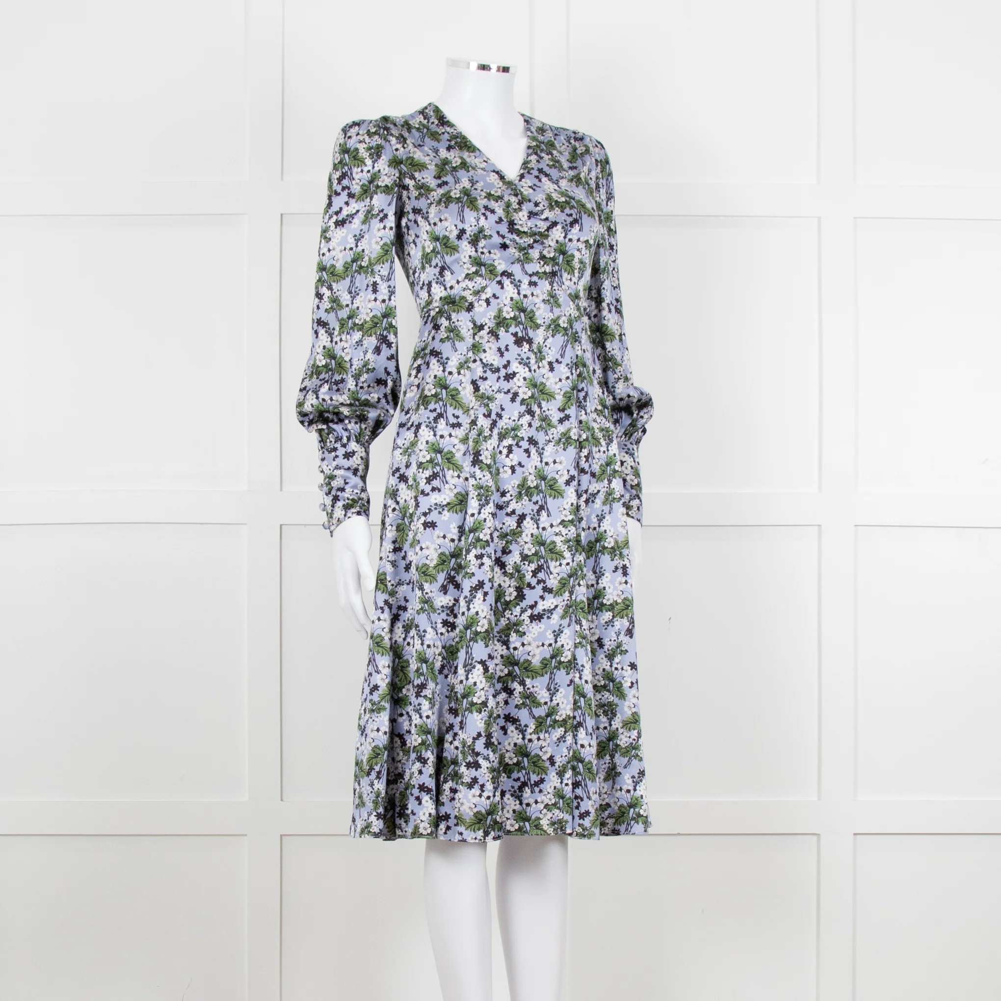 Erdem V Neck Blue Floral Silk Satin Midi Orisis Dress - Image 8