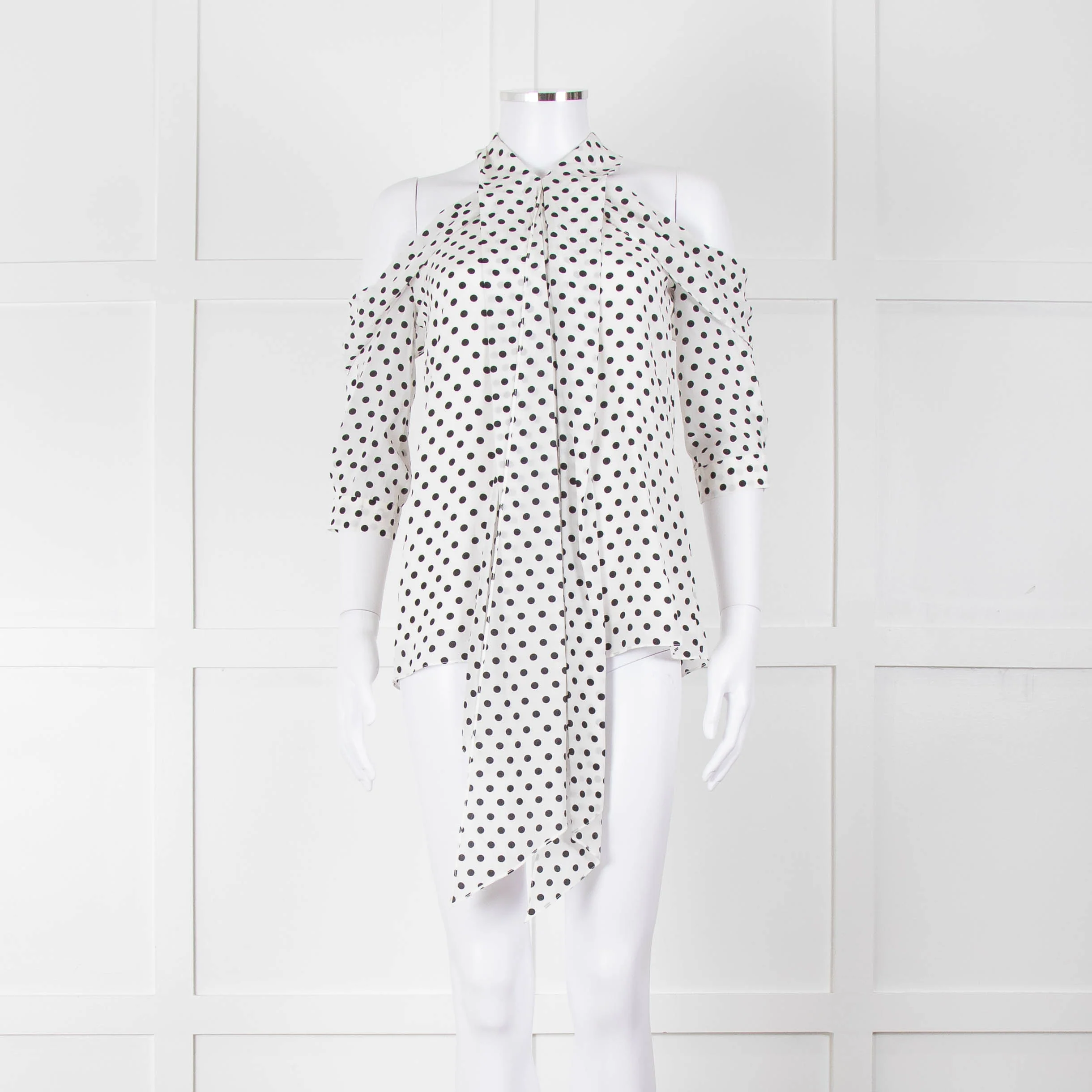 Erdem White Black Polka Dot Cut Out Shoulder Silk Top