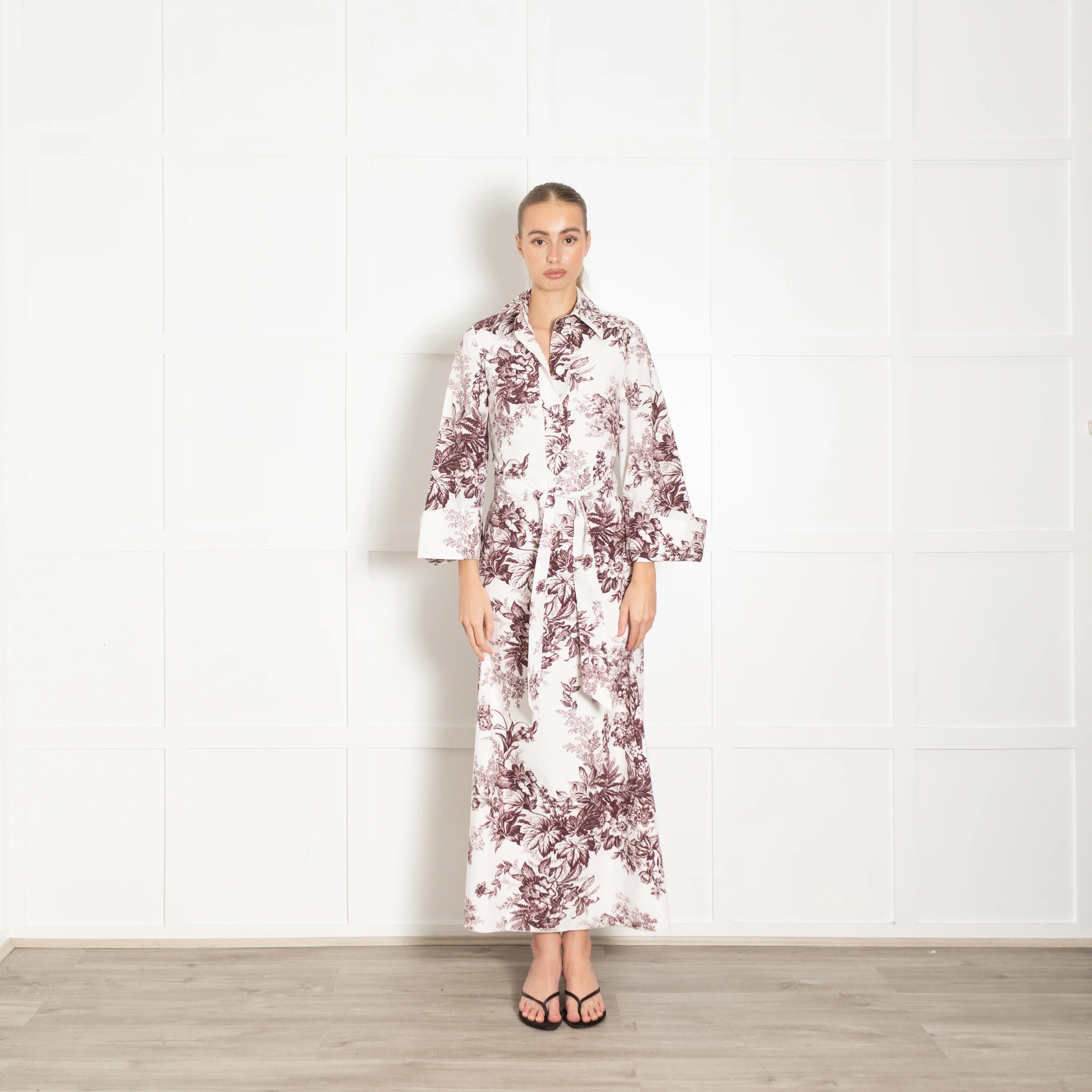 Erdem White Burgundy Floral Cotton Maxi Dress