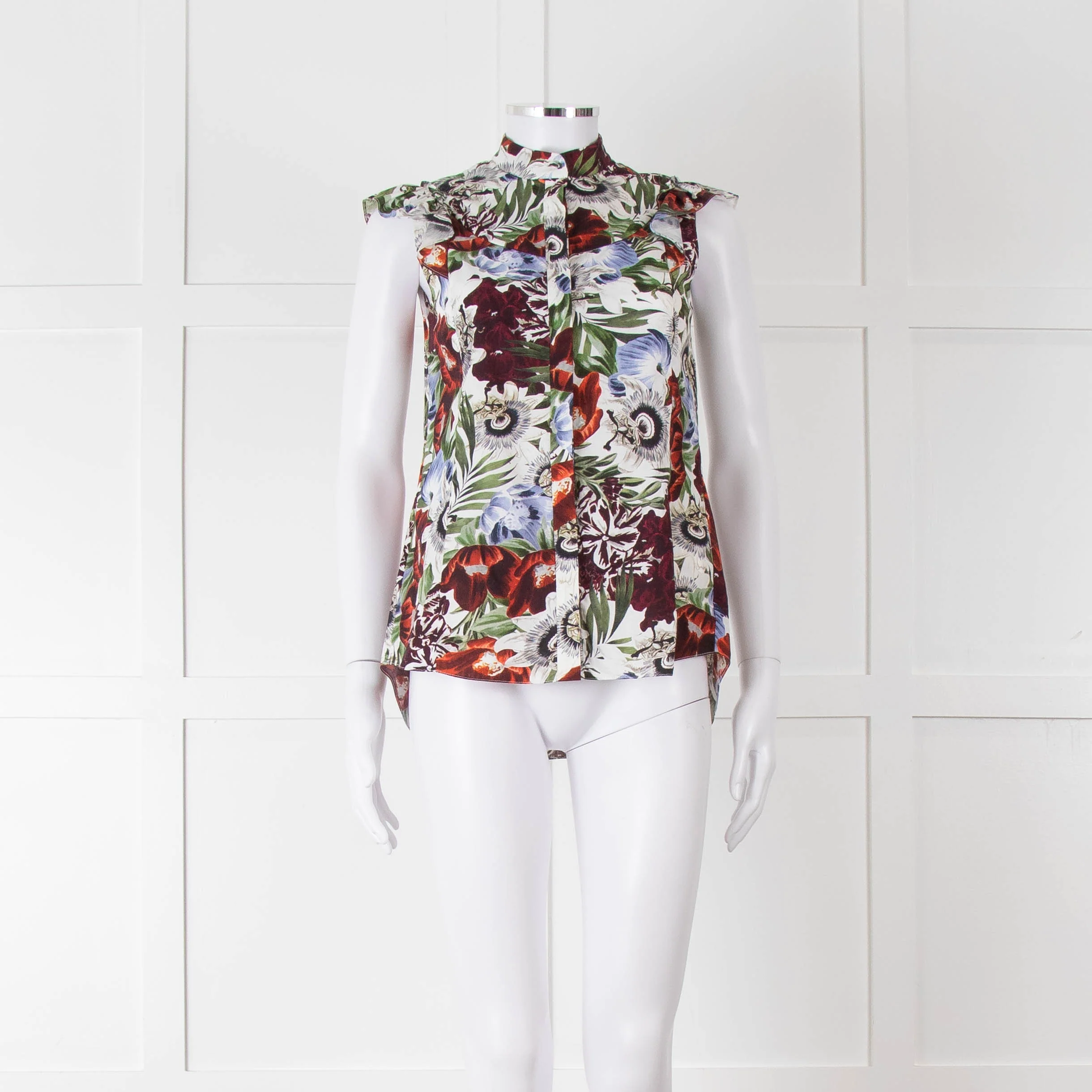Erdem White Red Green Floral Sleeveless Cotton Shirt