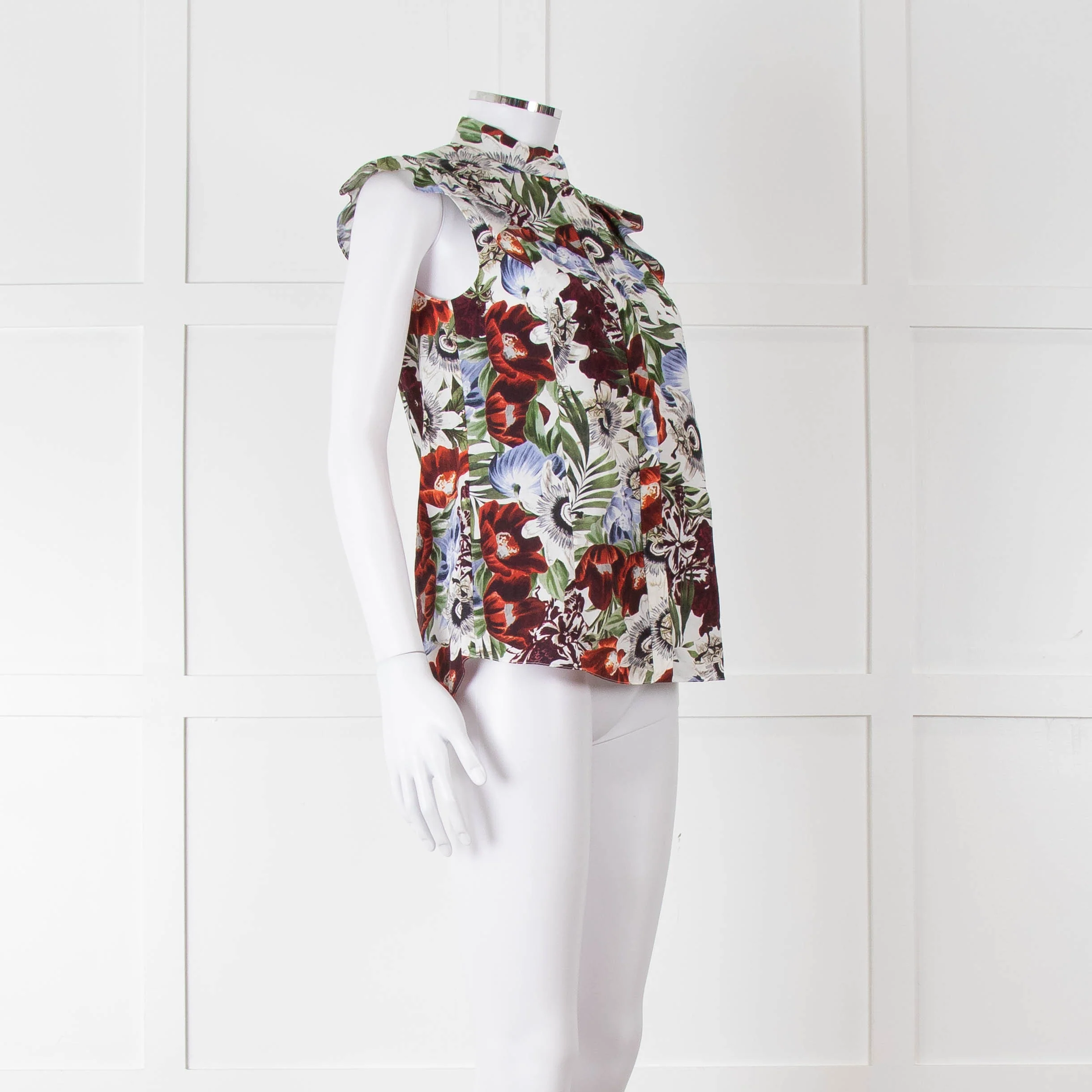 Erdem White Red Green Floral Sleeveless Cotton Shirt - Image 2