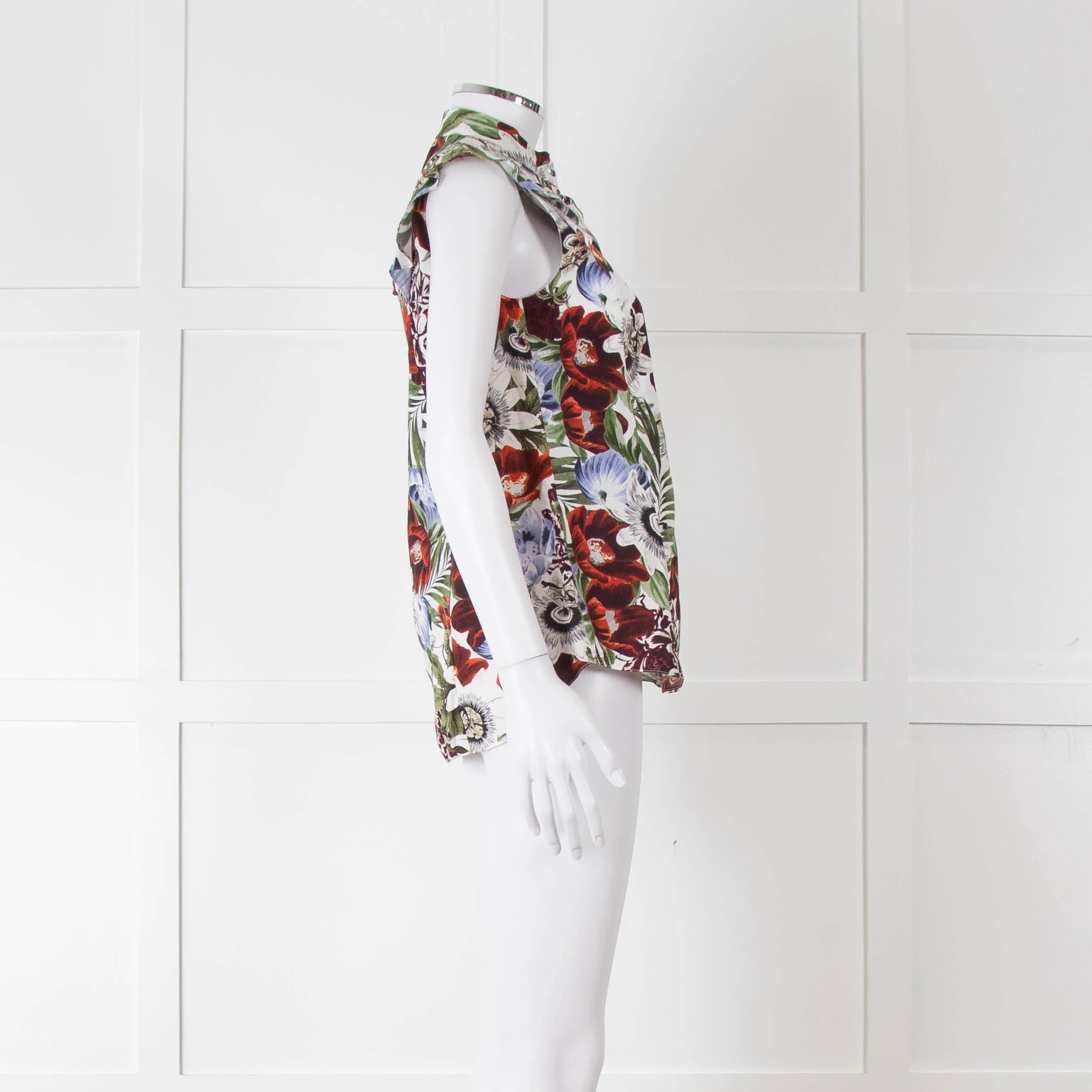 Erdem White Red Green Floral Sleeveless Cotton Shirt - Image 3