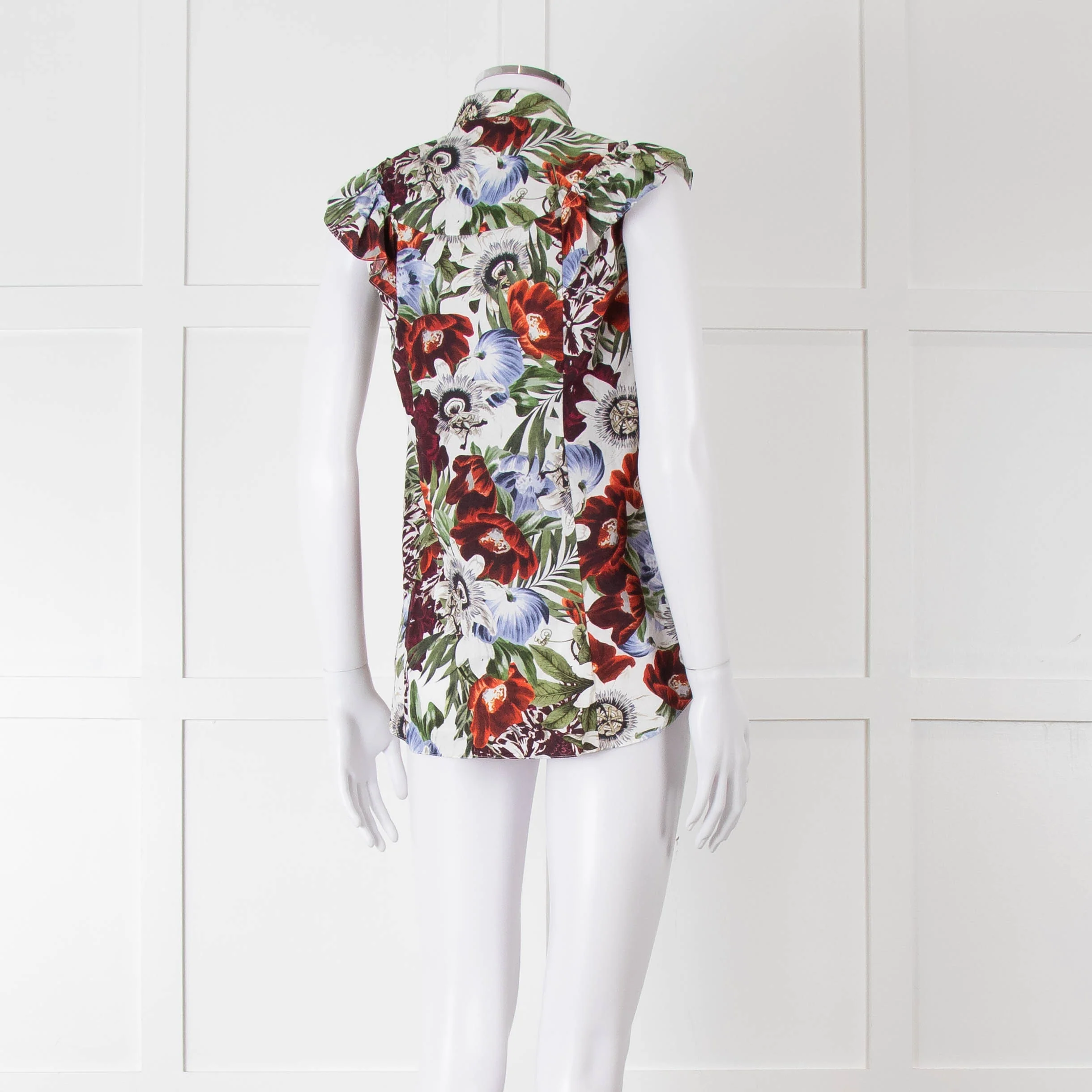Erdem White Red Green Floral Sleeveless Cotton Shirt - Image 4