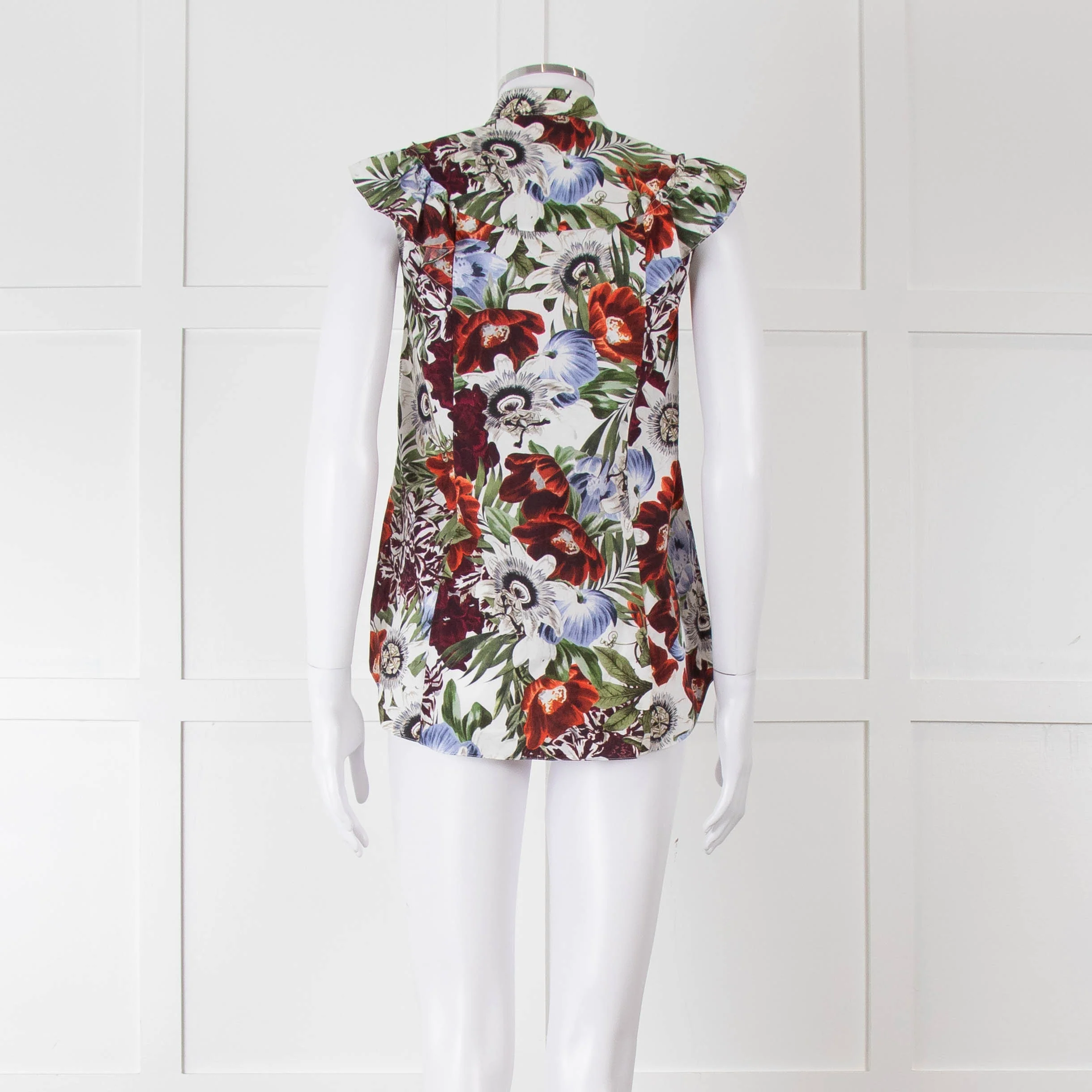 Erdem White Red Green Floral Sleeveless Cotton Shirt - Image 5