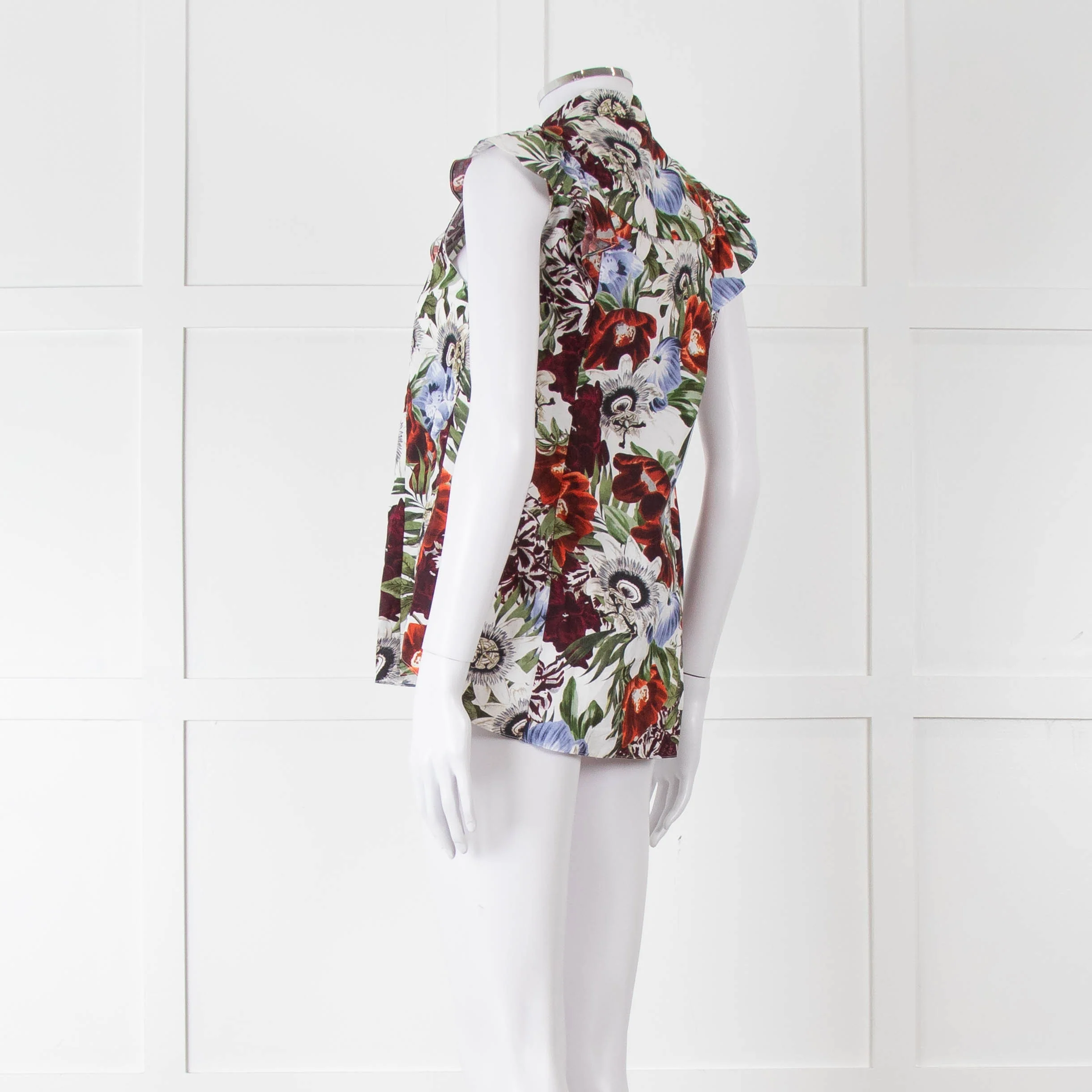 Erdem White Red Green Floral Sleeveless Cotton Shirt - Image 6
