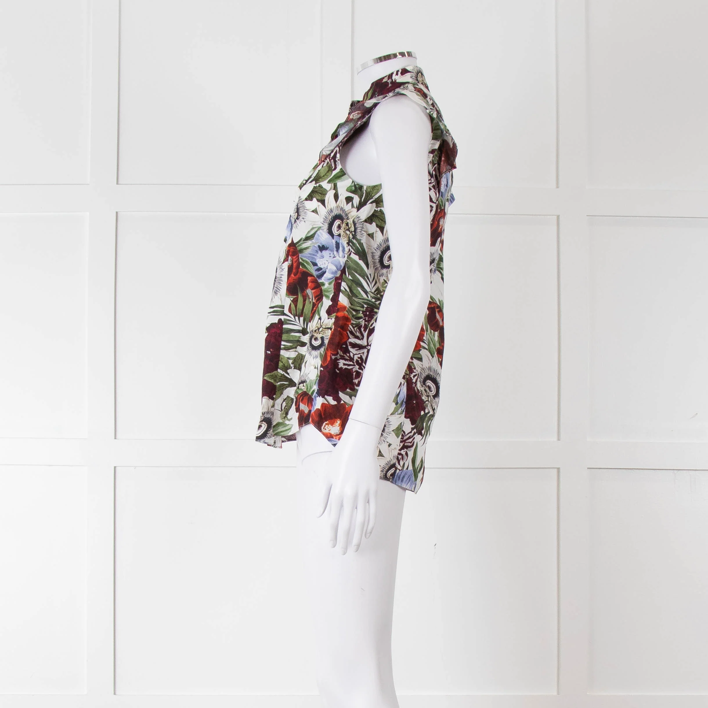 Erdem White Red Green Floral Sleeveless Cotton Shirt - Image 7