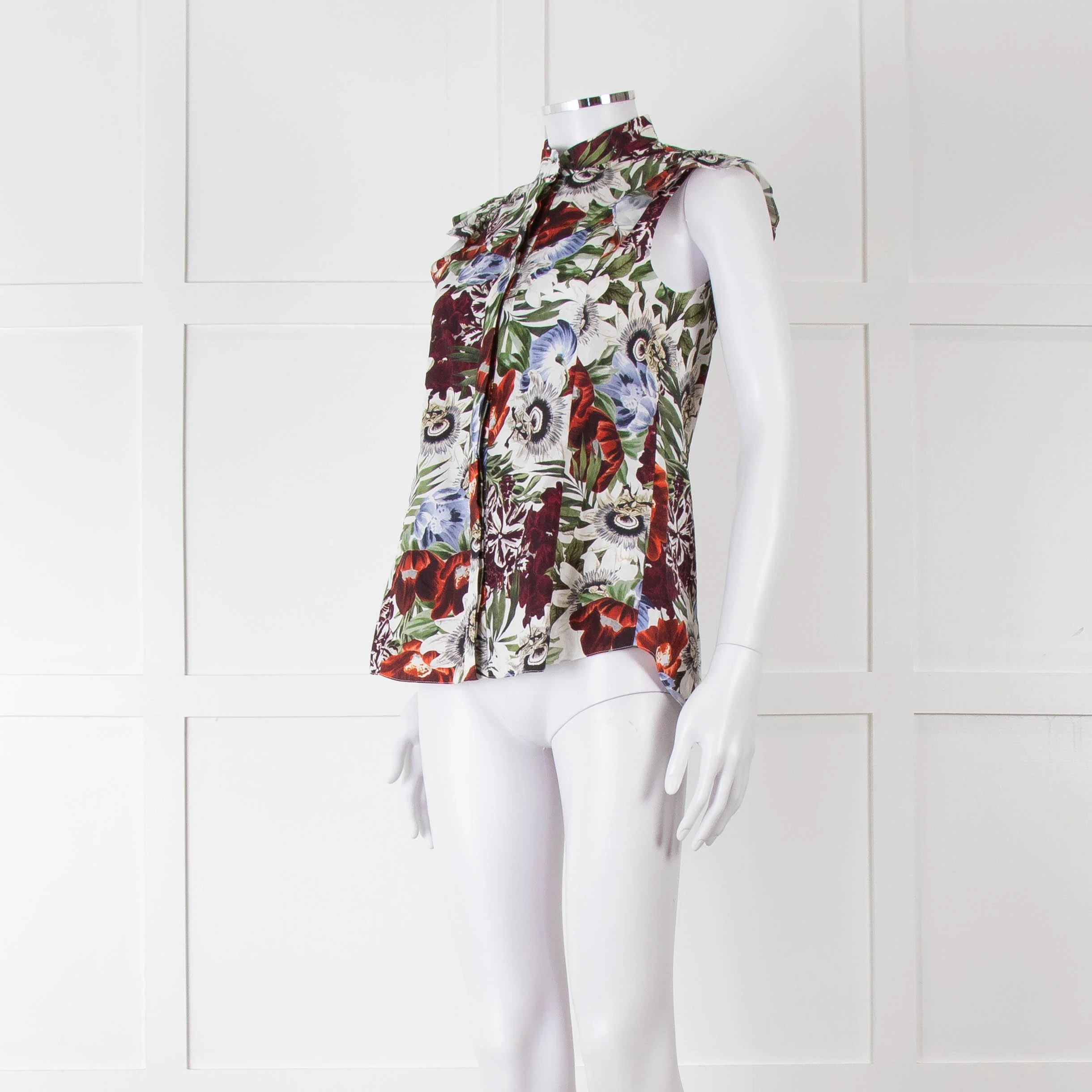 Erdem White Red Green Floral Sleeveless Cotton Shirt - Image 8