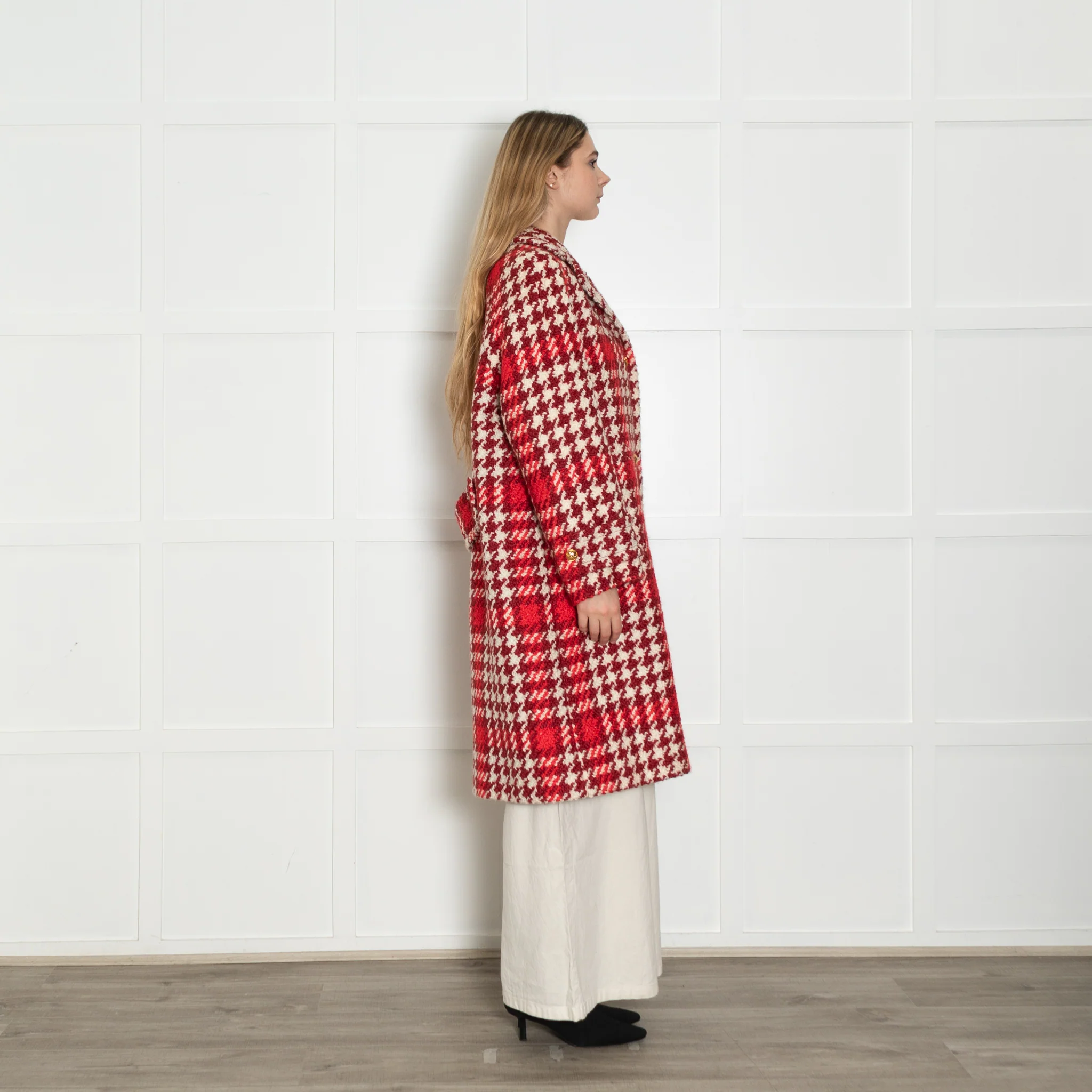 Escada Cream Burgundy Large Hound Tooth Weave Wool Blend Coat - Image 6