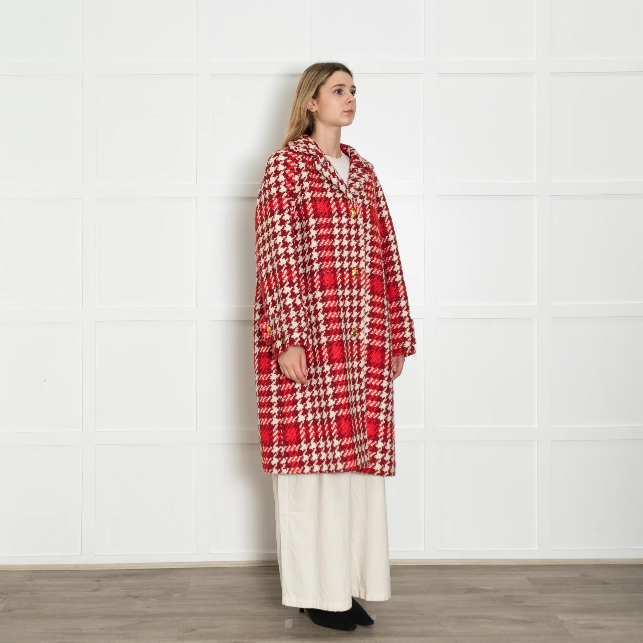 Escada Cream Burgundy Large Hound Tooth Weave Wool Blend Coat - Image 7