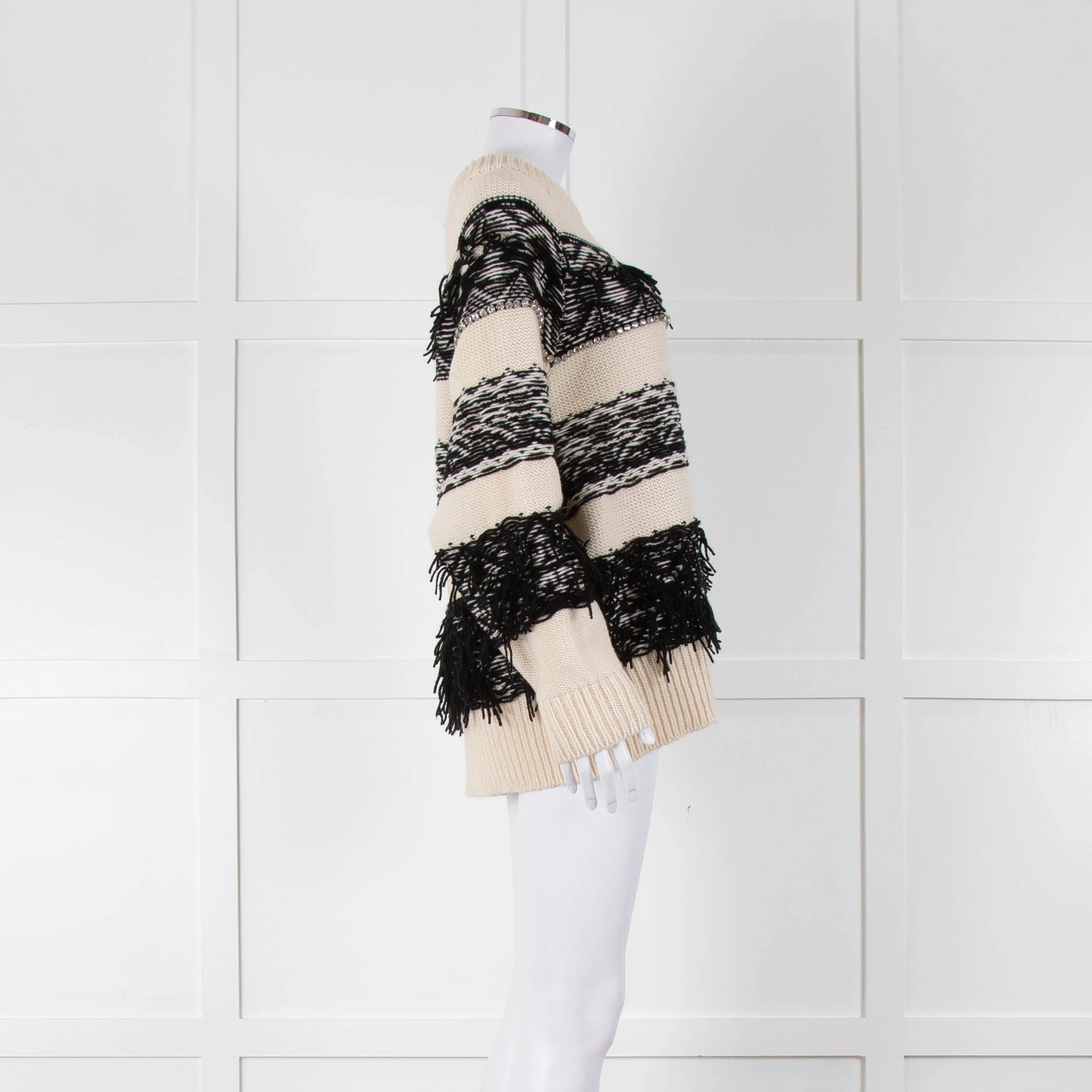 Essentiel Antwerp Cream Black Stripe Fringe Crystal Bead Jumper - Image 3