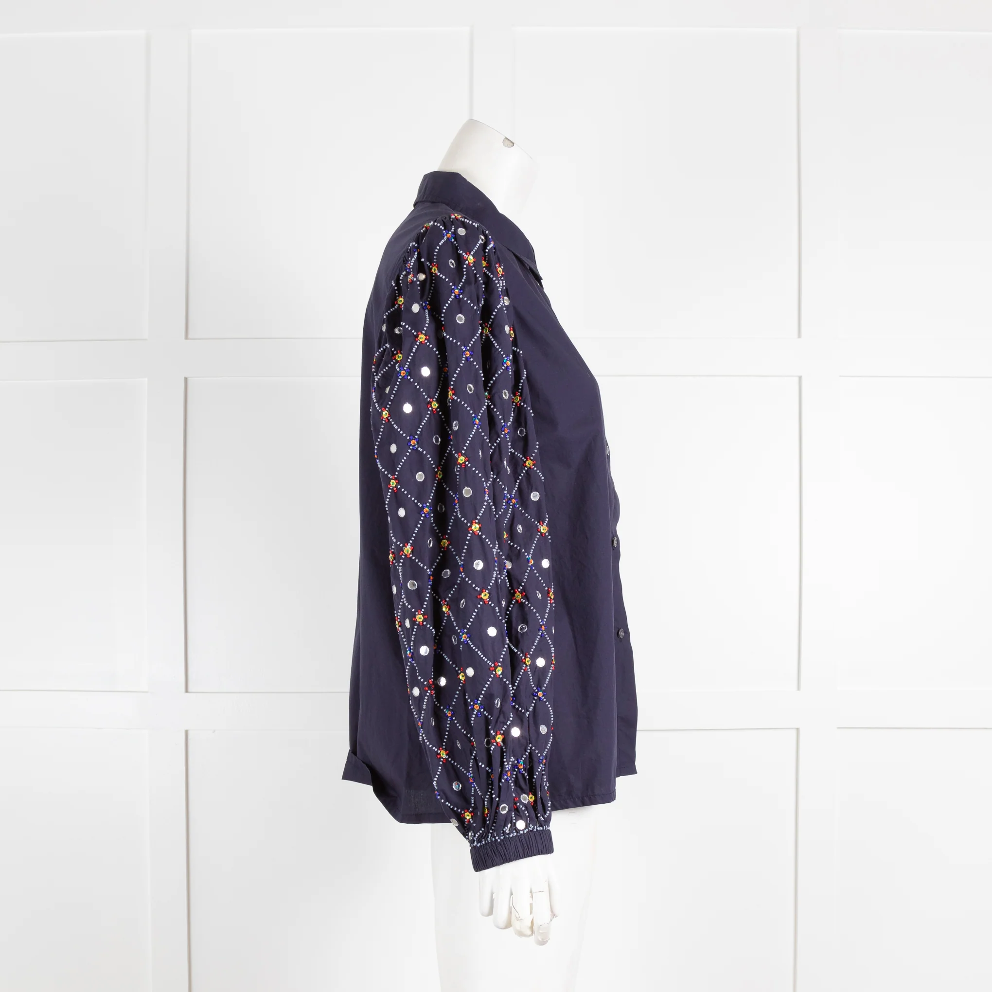 Essential Antwerp Navy Blouse with Sequin Embellished Sleeves - Image 2