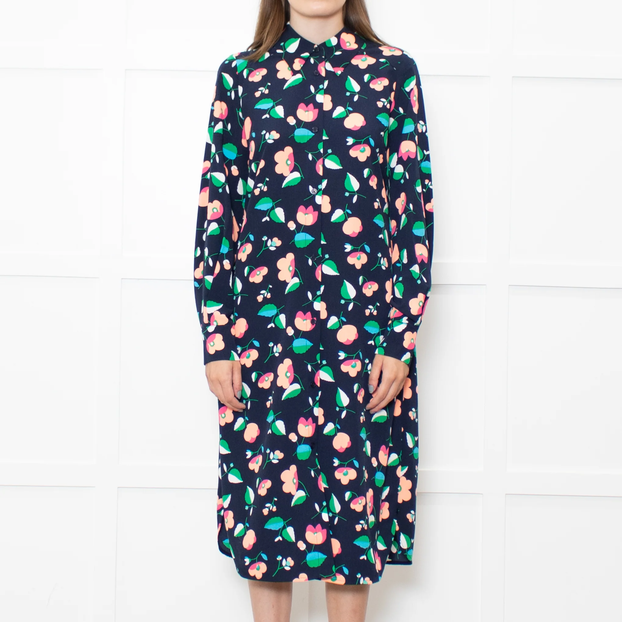 Essential Antwerp Navy Blue Coral Pink Green Floral Belted Shirt Dress - Image 2