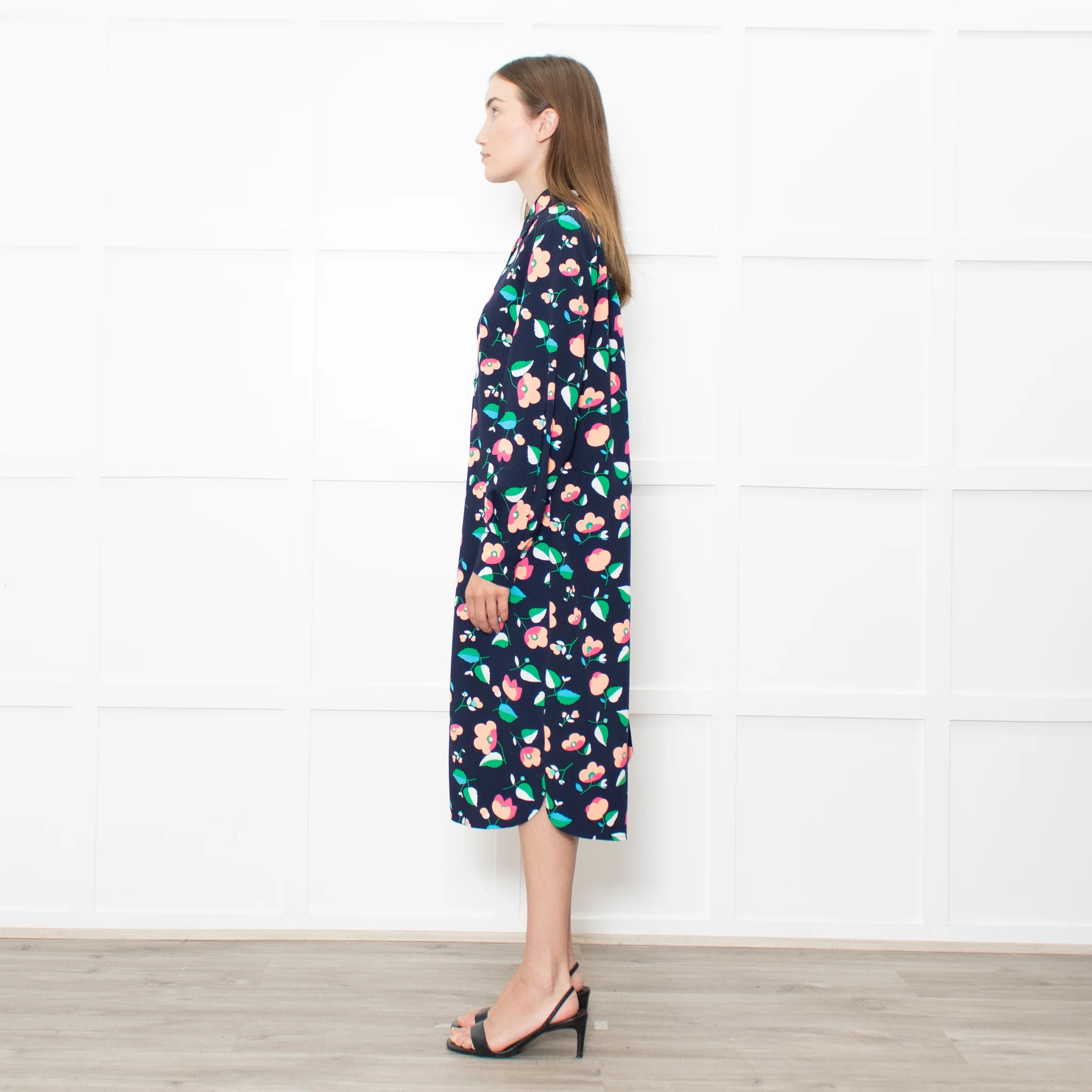 Essential Antwerp Navy Blue Coral Pink Green Floral Belted Shirt Dress - Image 4
