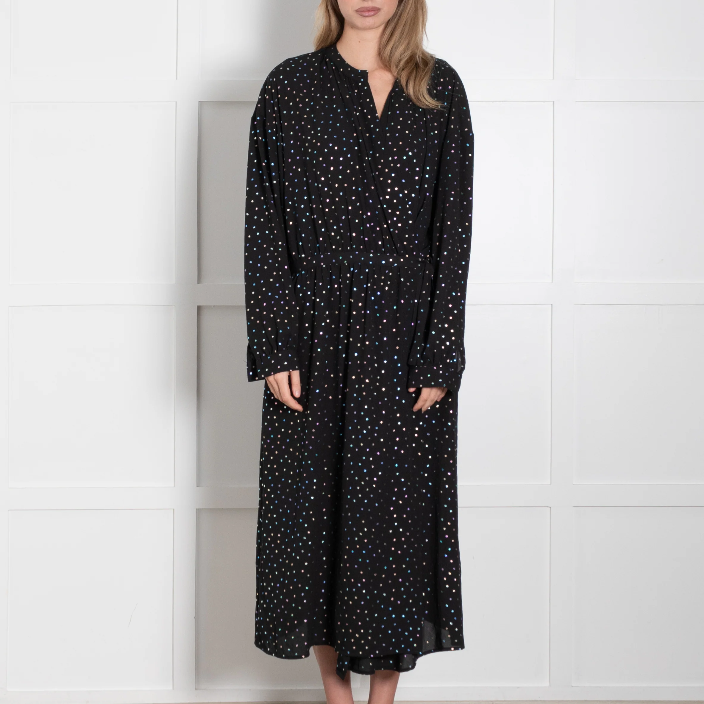 Essentiel Antwerp Black Wrap Dress with Metallic Polka Dots - Image 2