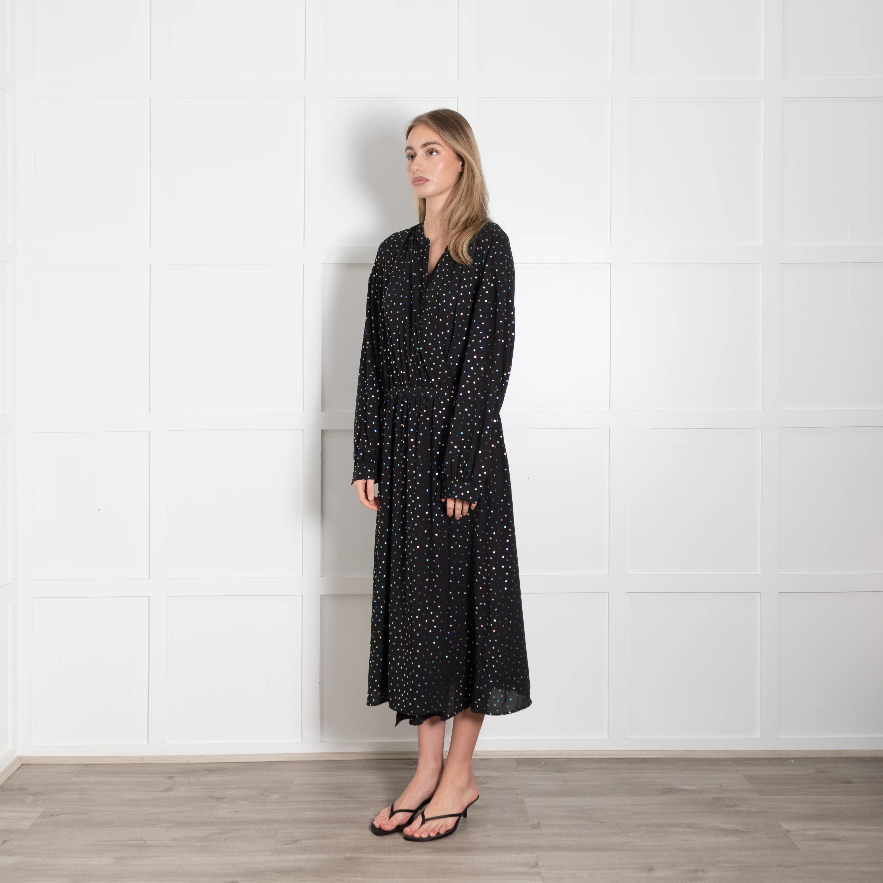 Essentiel Antwerp Black Wrap Dress with Metallic Polka Dots - Image 3