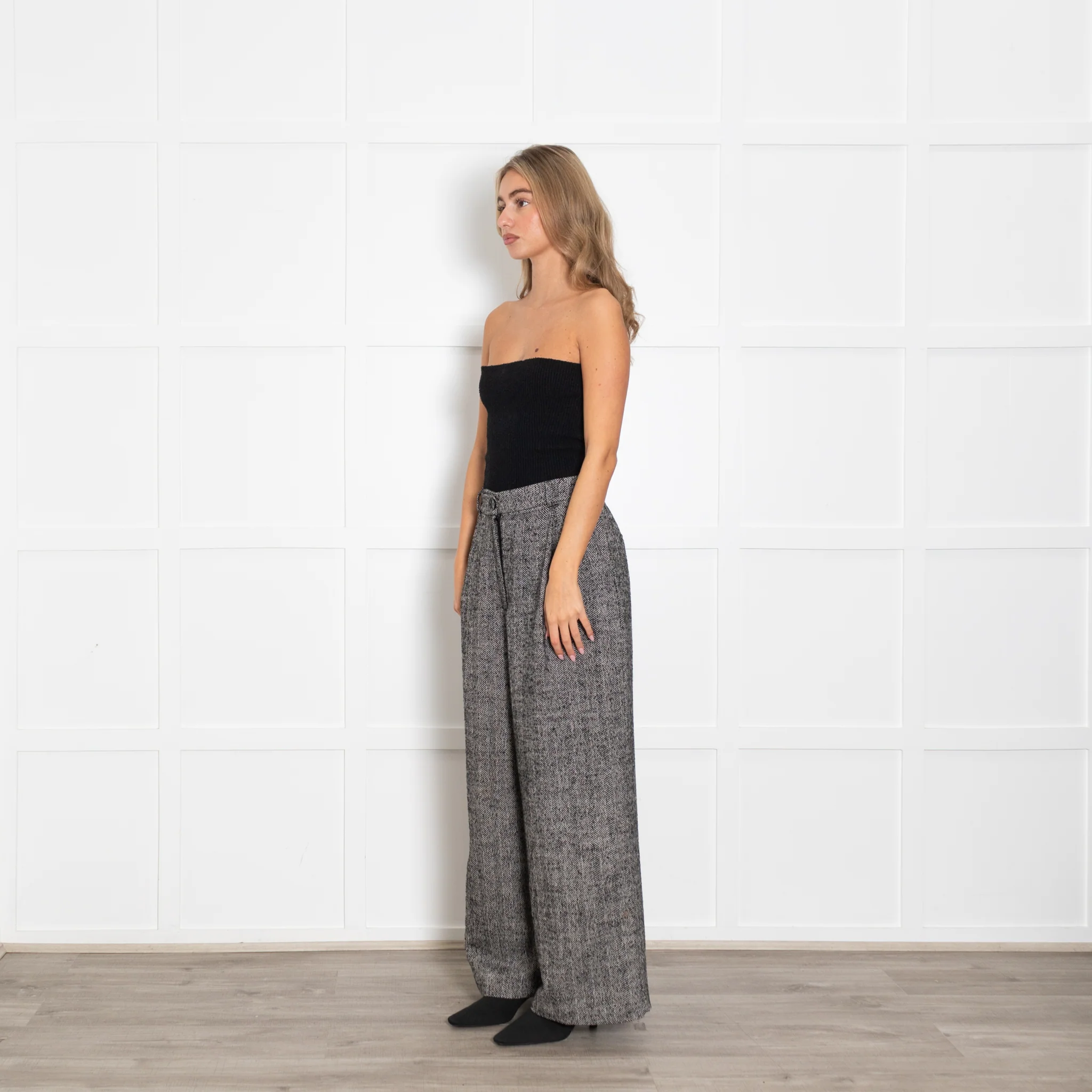 Essentiel Antwerp Black White Herringbone Wide Leg Trousers - Image 3