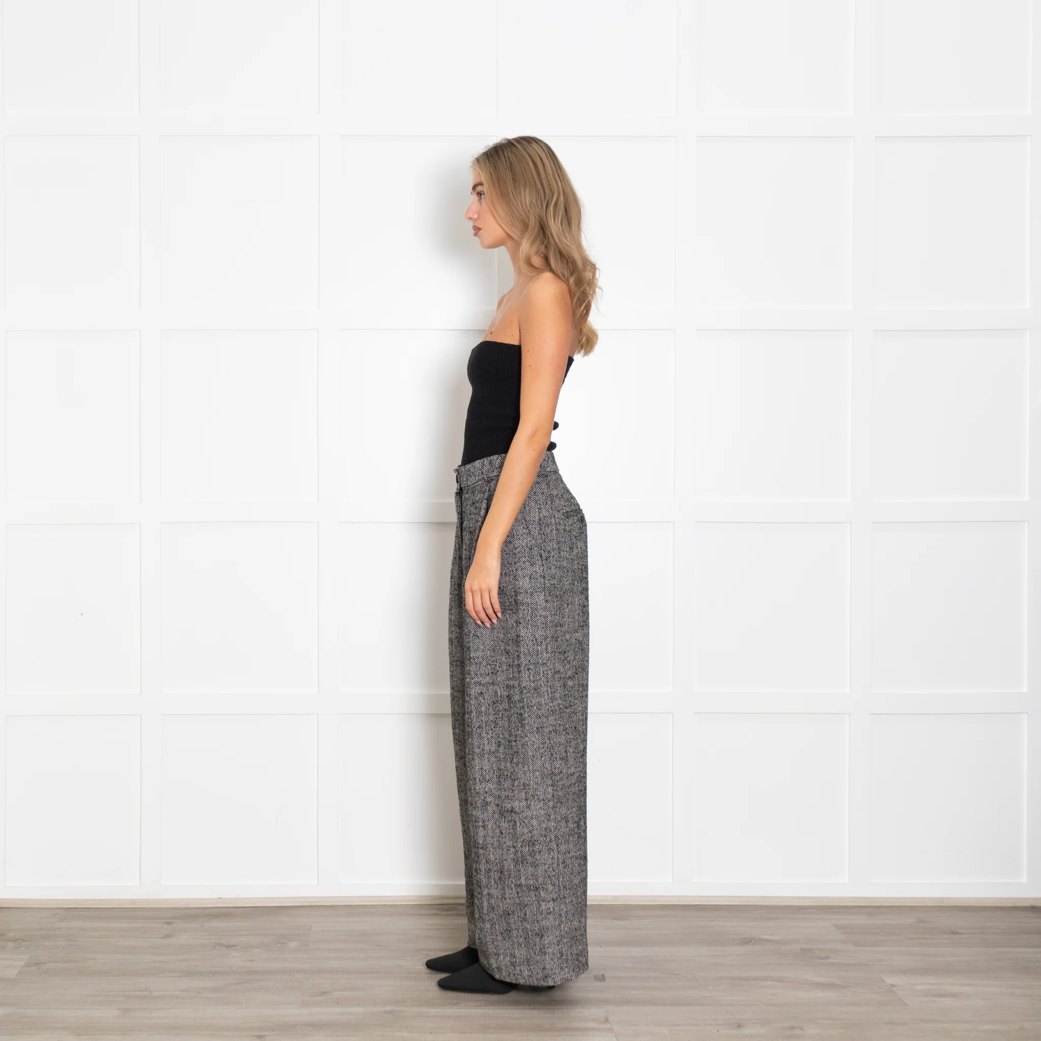 Essentiel Antwerp Black White Herringbone Wide Leg Trousers - Image 4