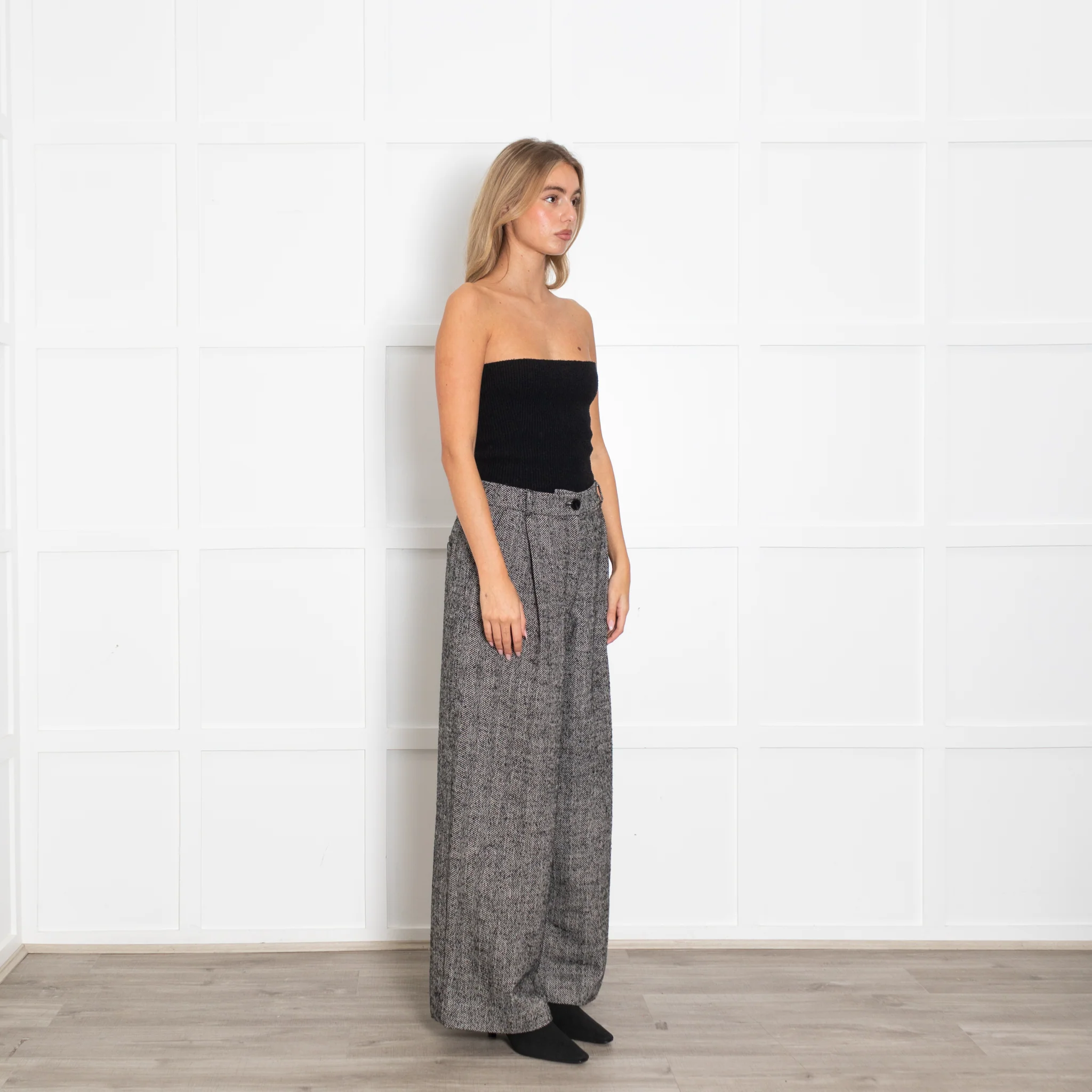 Essentiel Antwerp Black White Herringbone Wide Leg Trousers - Image 7