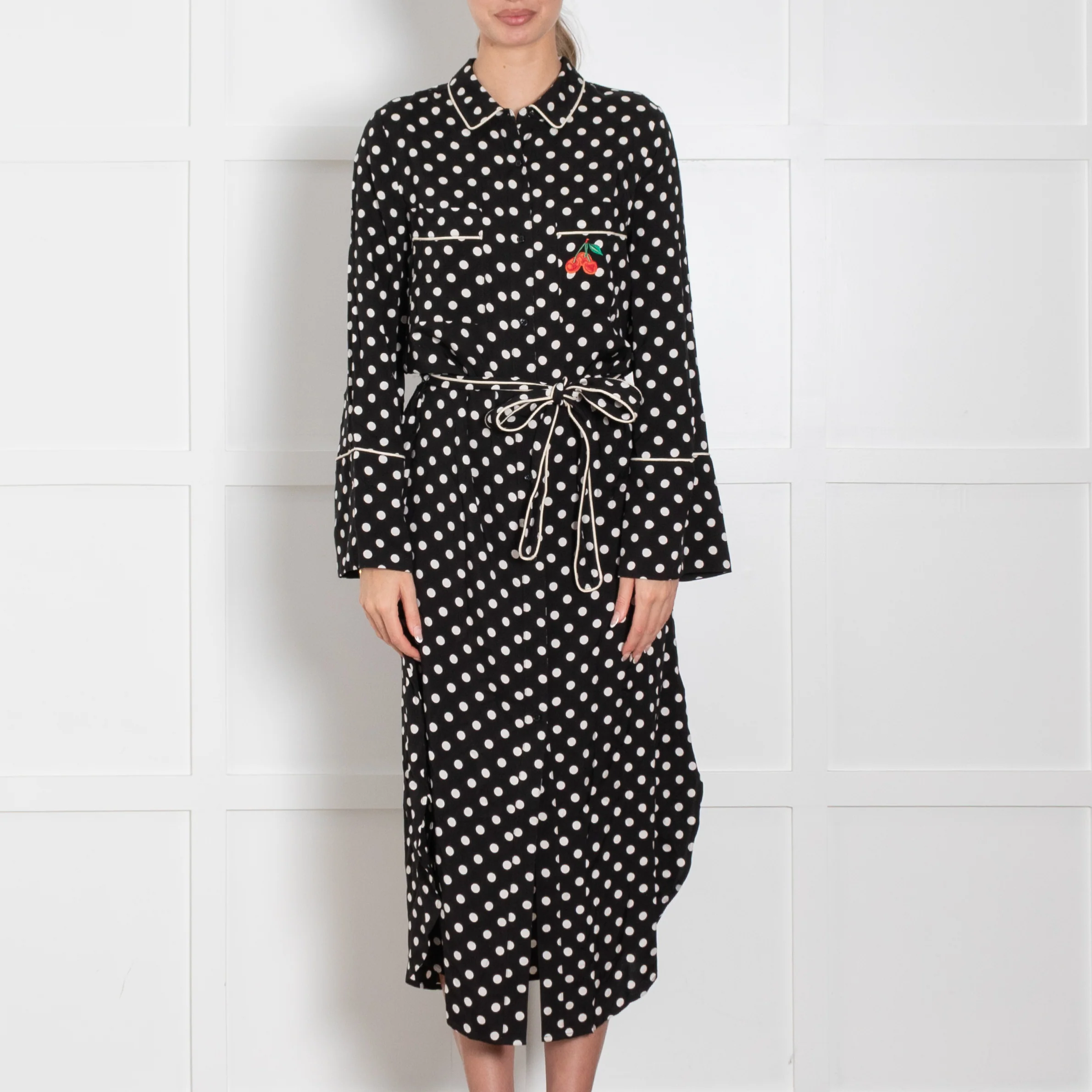 Essentiel Antwerp Black & White Spotted Dress With Cherry Motif & Belt - Image 2