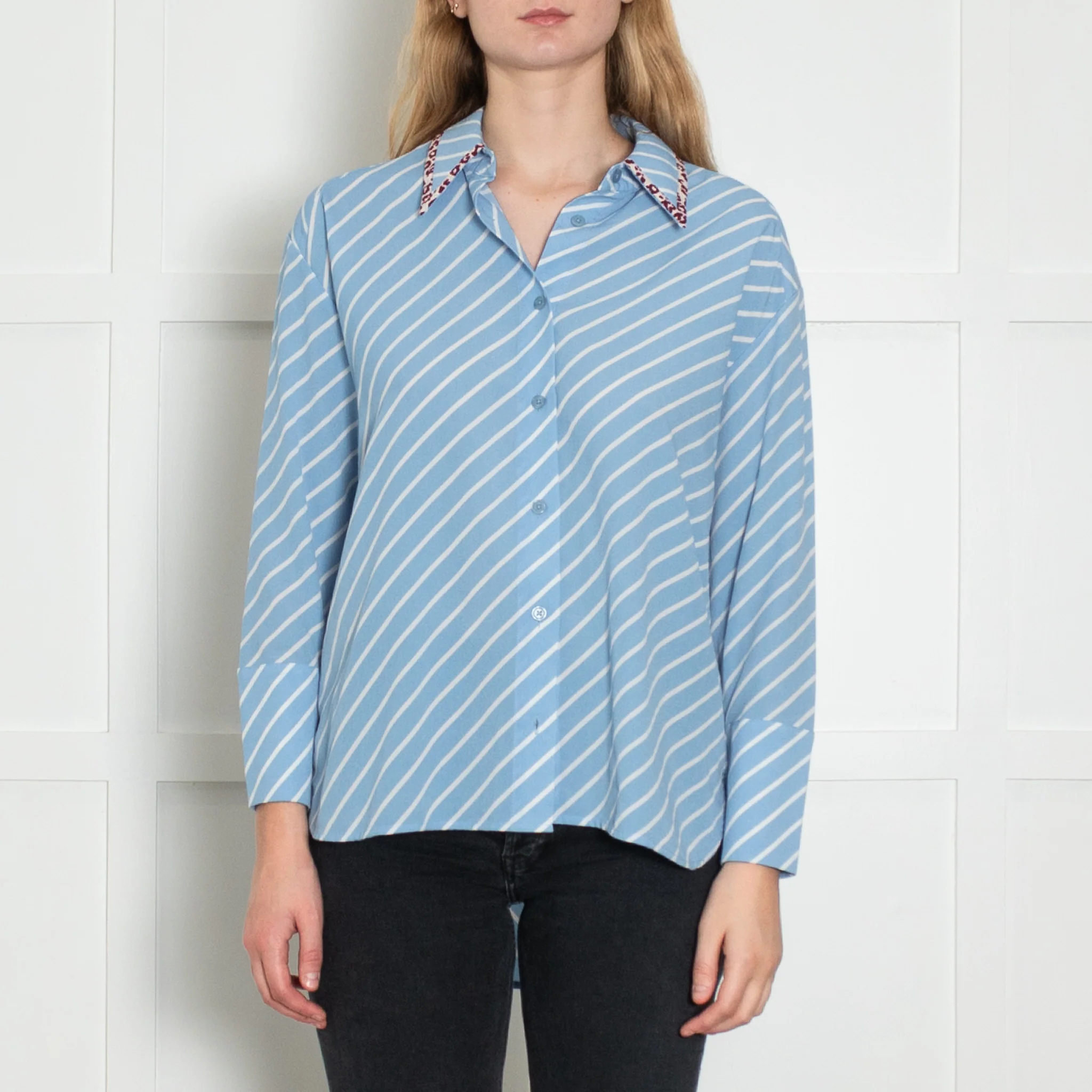 Essentiel Antwerp Blue Stripe Leopard Trim Shirt - Image 2