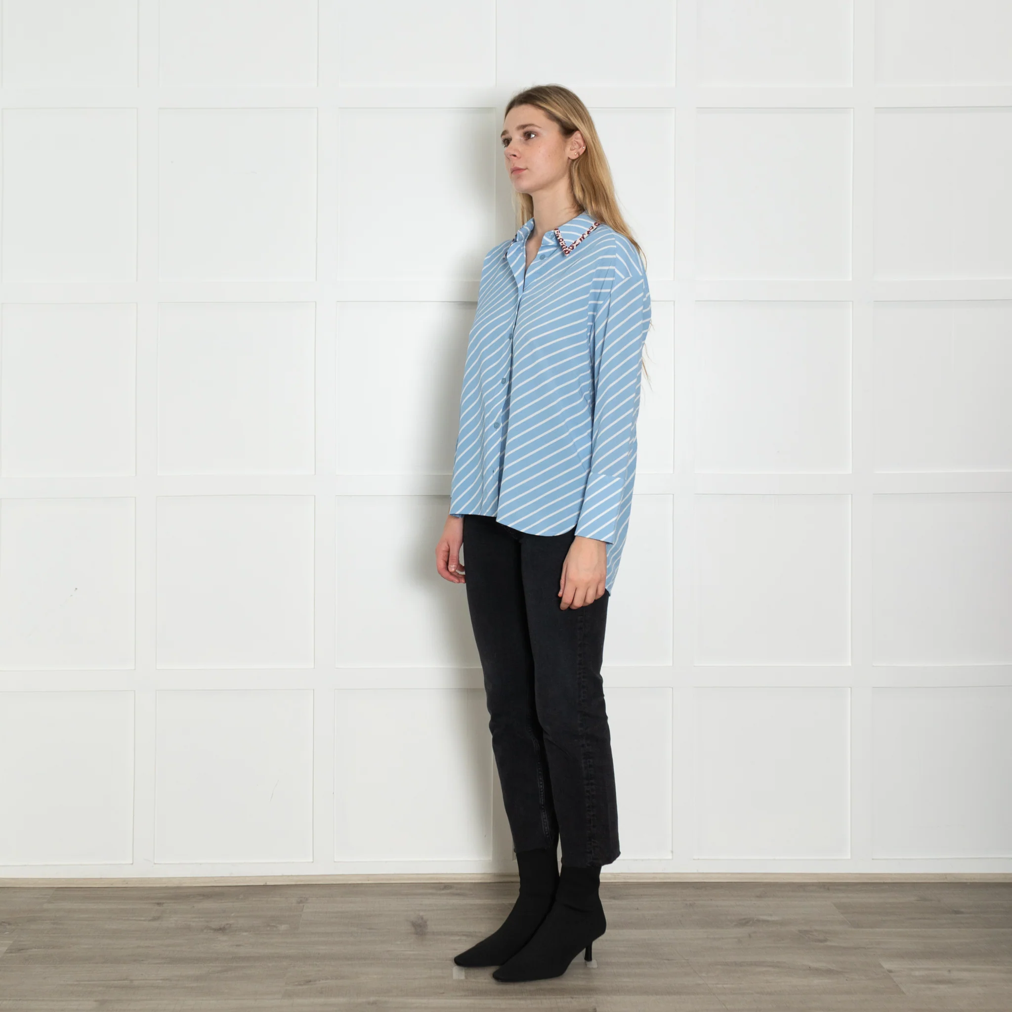 Essentiel Antwerp Blue Stripe Leopard Trim Shirt - Image 3