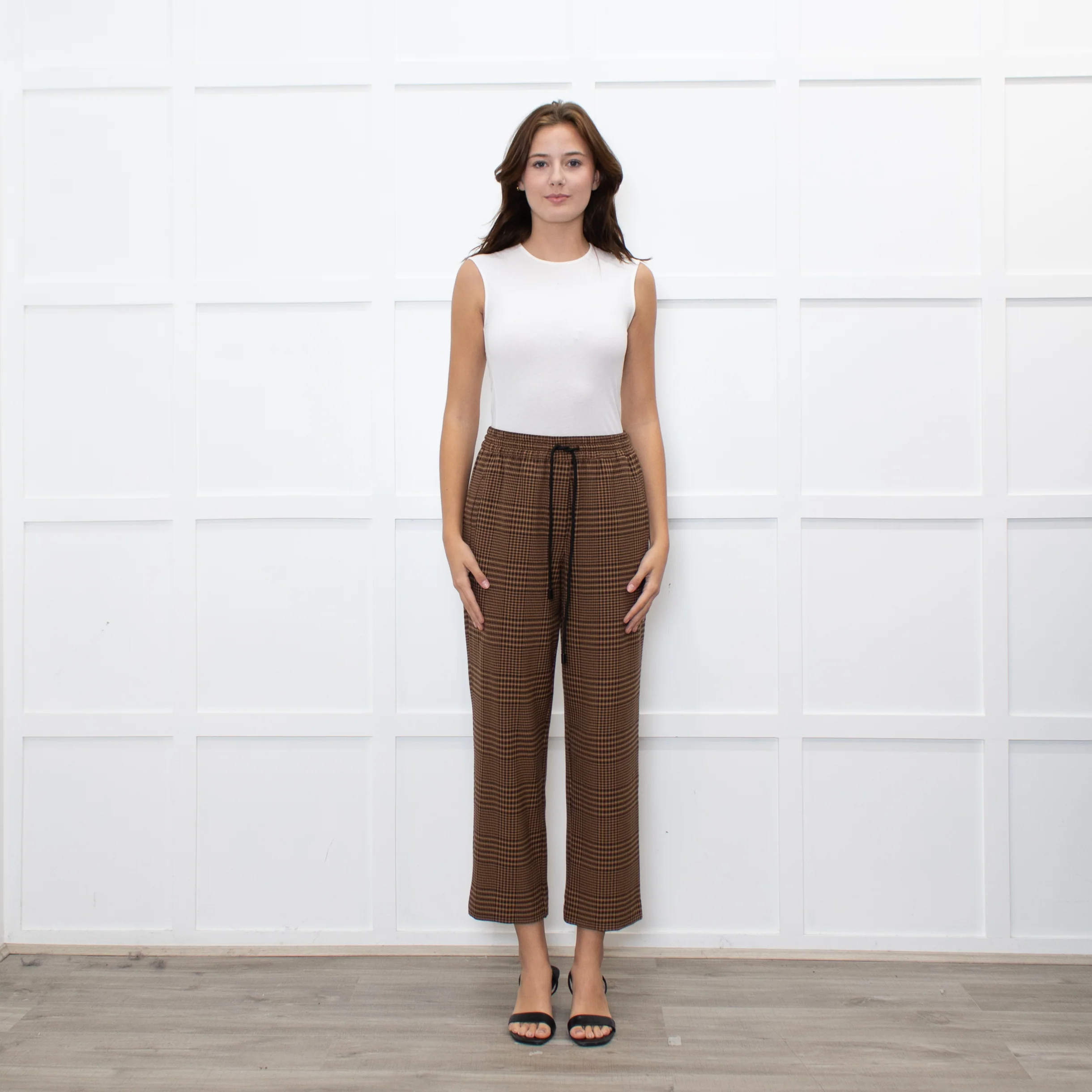 Essentiel Antwerp Brown Check Crop Drawstring Trousers
