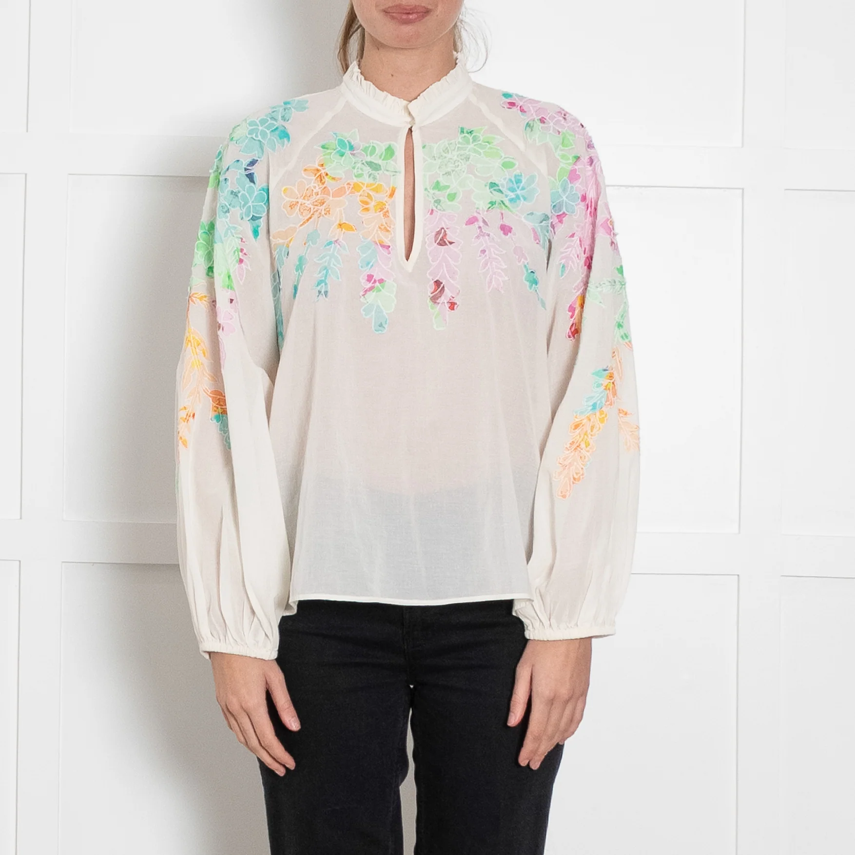 Essentiel Antwerp CreamCotton Blouse With Floral Embroidery - Image 2