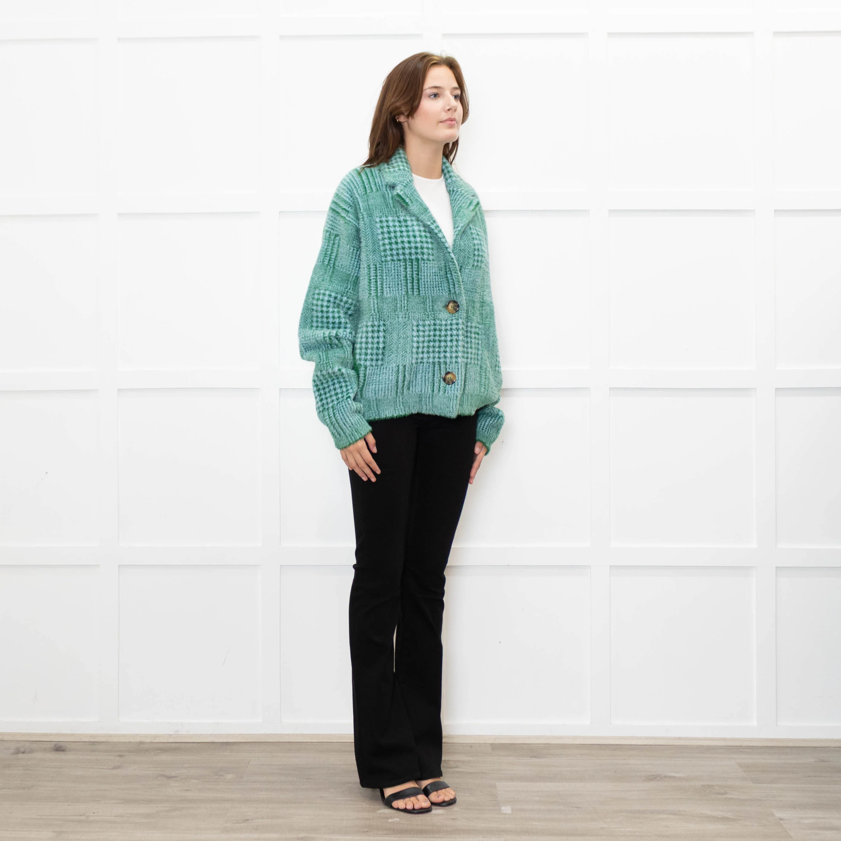 Essentiel Antwerp Green and Blue Prince of Wales Fluffy Cardigan - Image 7