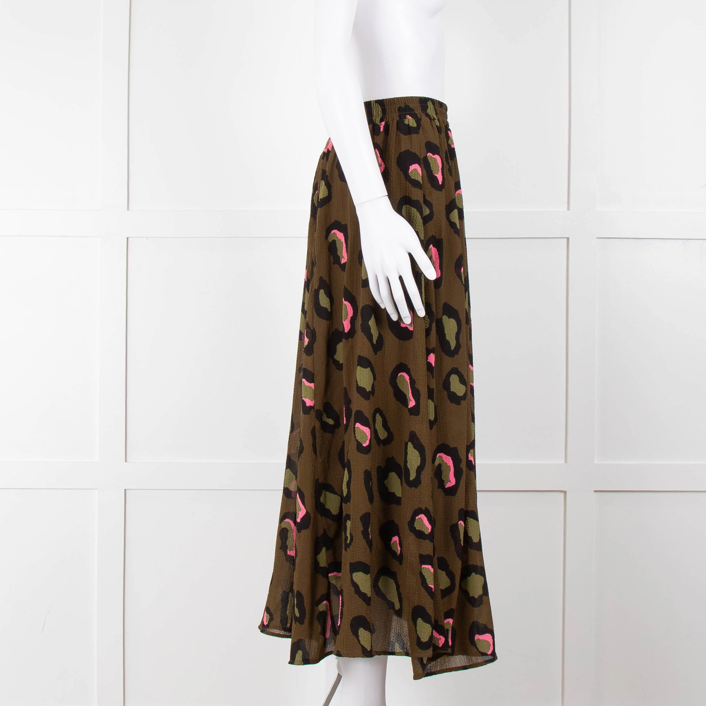Essentiel Antwerp Khaki and Pink Leopard Midi Skirt - Image 3