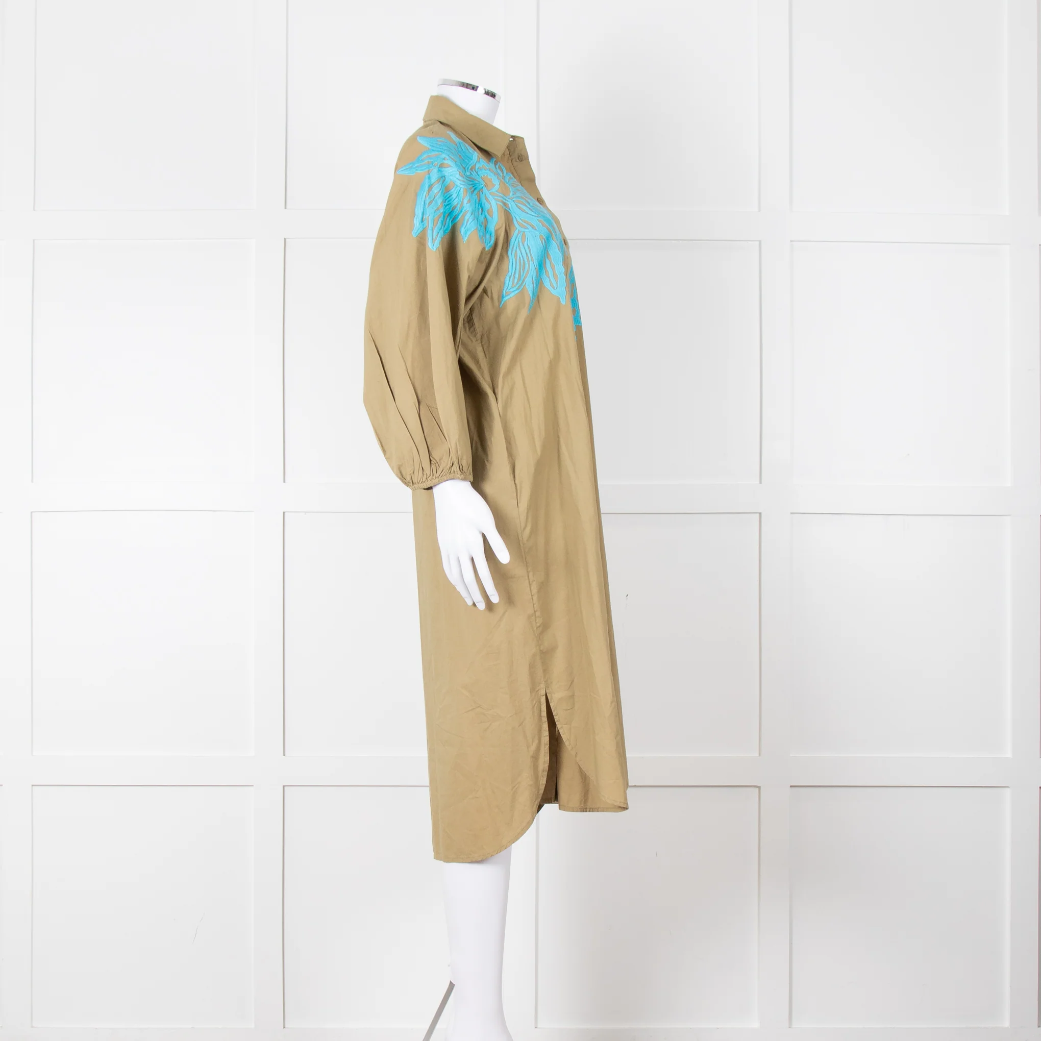 Essentiel Antwerp Khaki Blue Embroidered Oversized Cotton Shirt Dress - Image 3