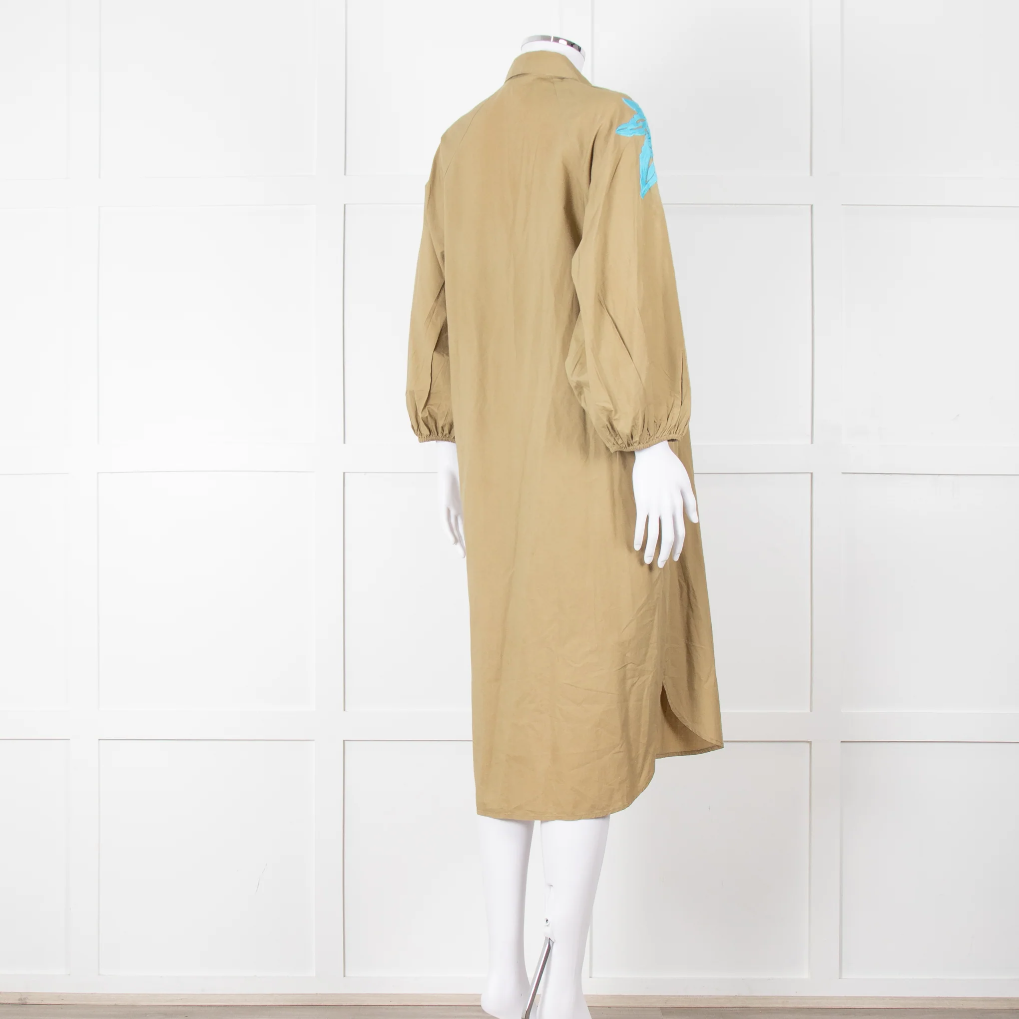 Essentiel Antwerp Khaki Blue Embroidered Oversized Cotton Shirt Dress - Image 4