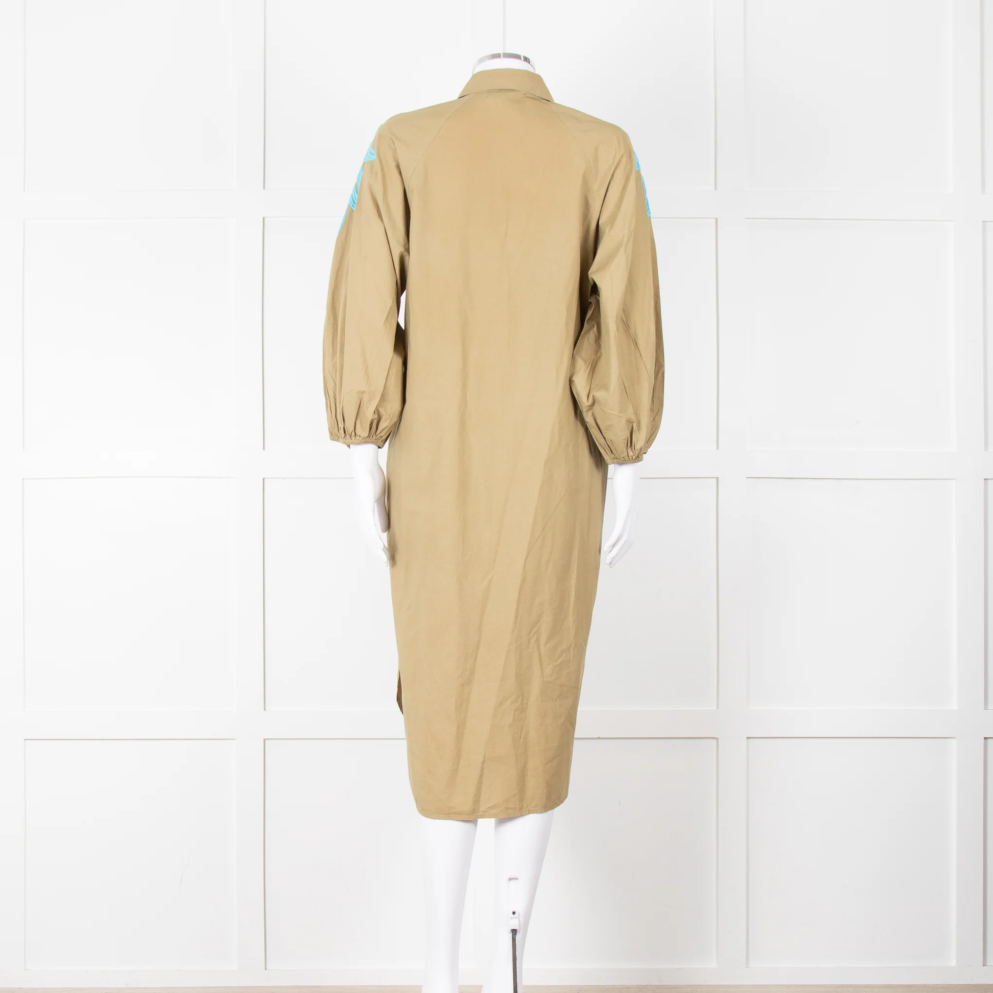 Essentiel Antwerp Khaki Blue Embroidered Oversized Cotton Shirt Dress - Image 5