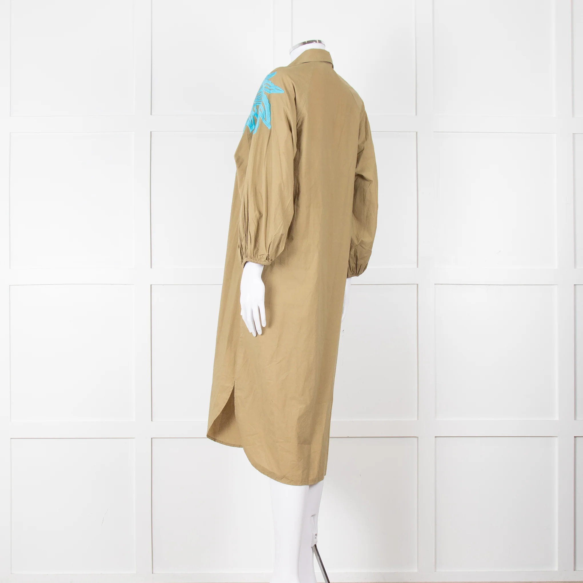 Essentiel Antwerp Khaki Blue Embroidered Oversized Cotton Shirt Dress - Image 6