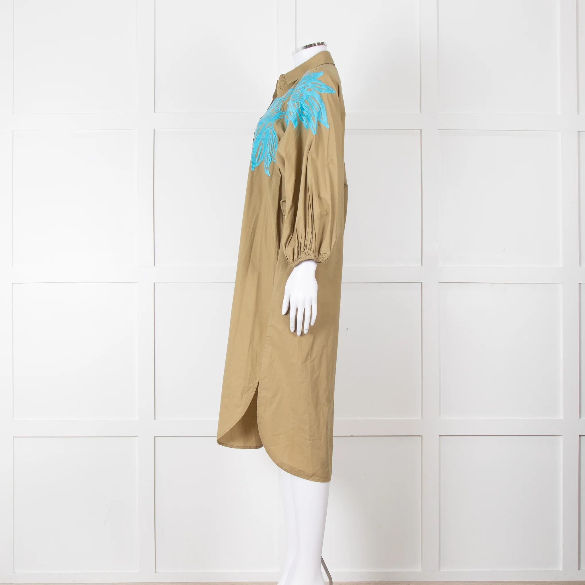 Essentiel Antwerp Khaki Blue Embroidered Oversized Cotton Shirt Dress - Image 7
