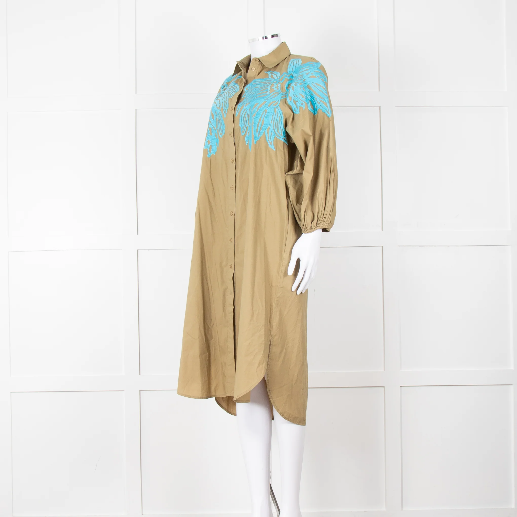Essentiel Antwerp Khaki Blue Embroidered Oversized Cotton Shirt Dress - Image 8