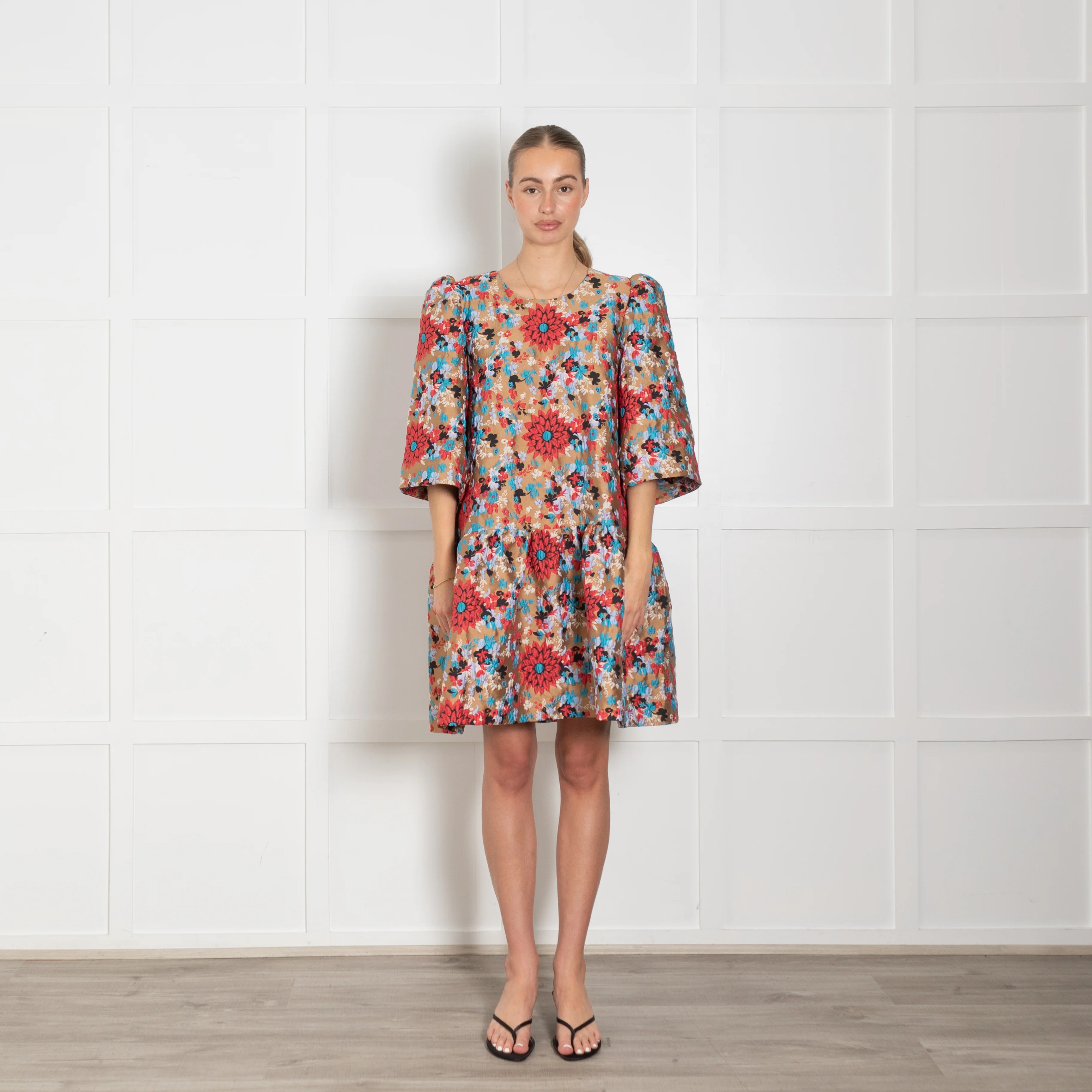 Essentiel Antwerp Tan Red Blue Floral Peplum Short Dress