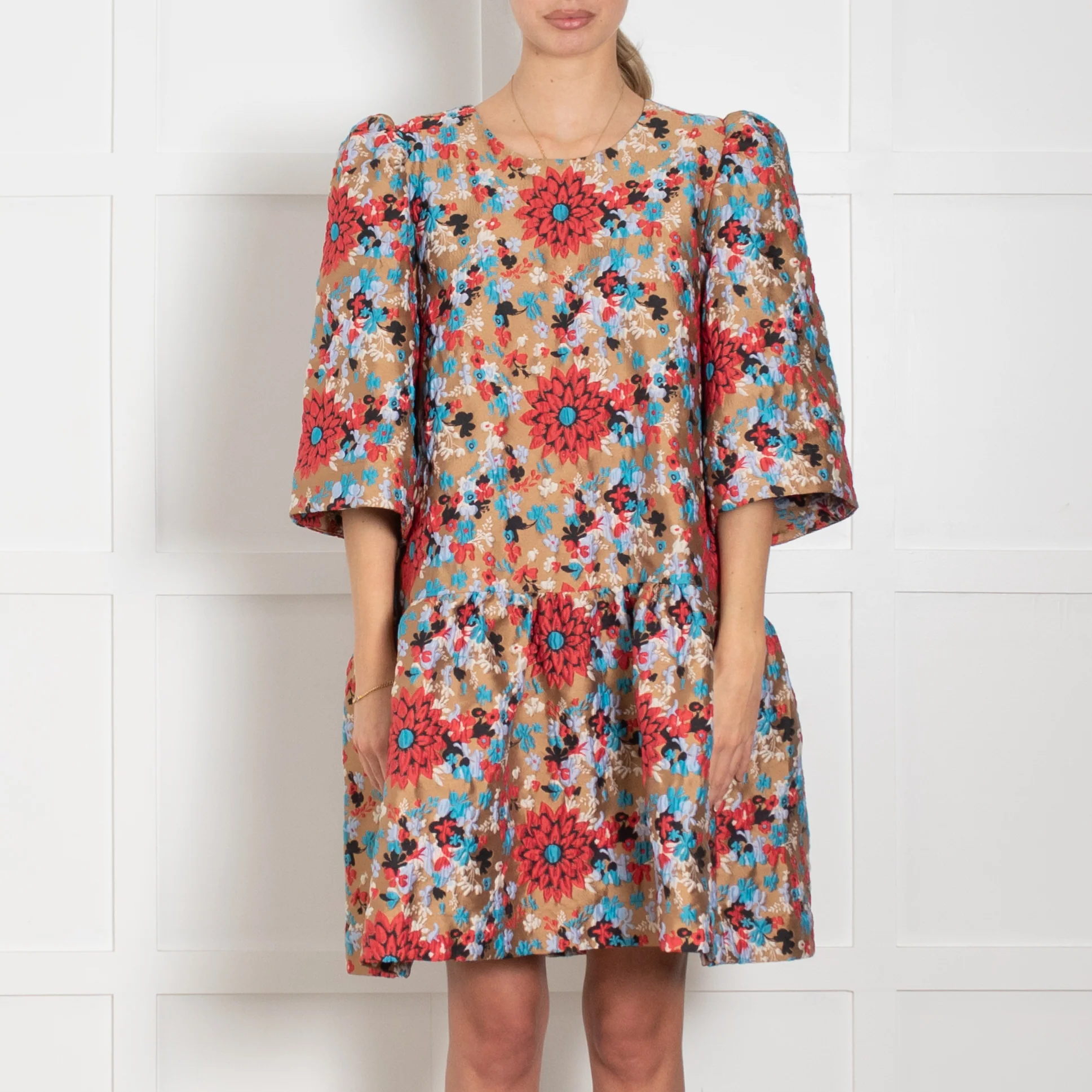 Essentiel Antwerp Tan Red Blue Floral Peplum Short Dress - Image 2