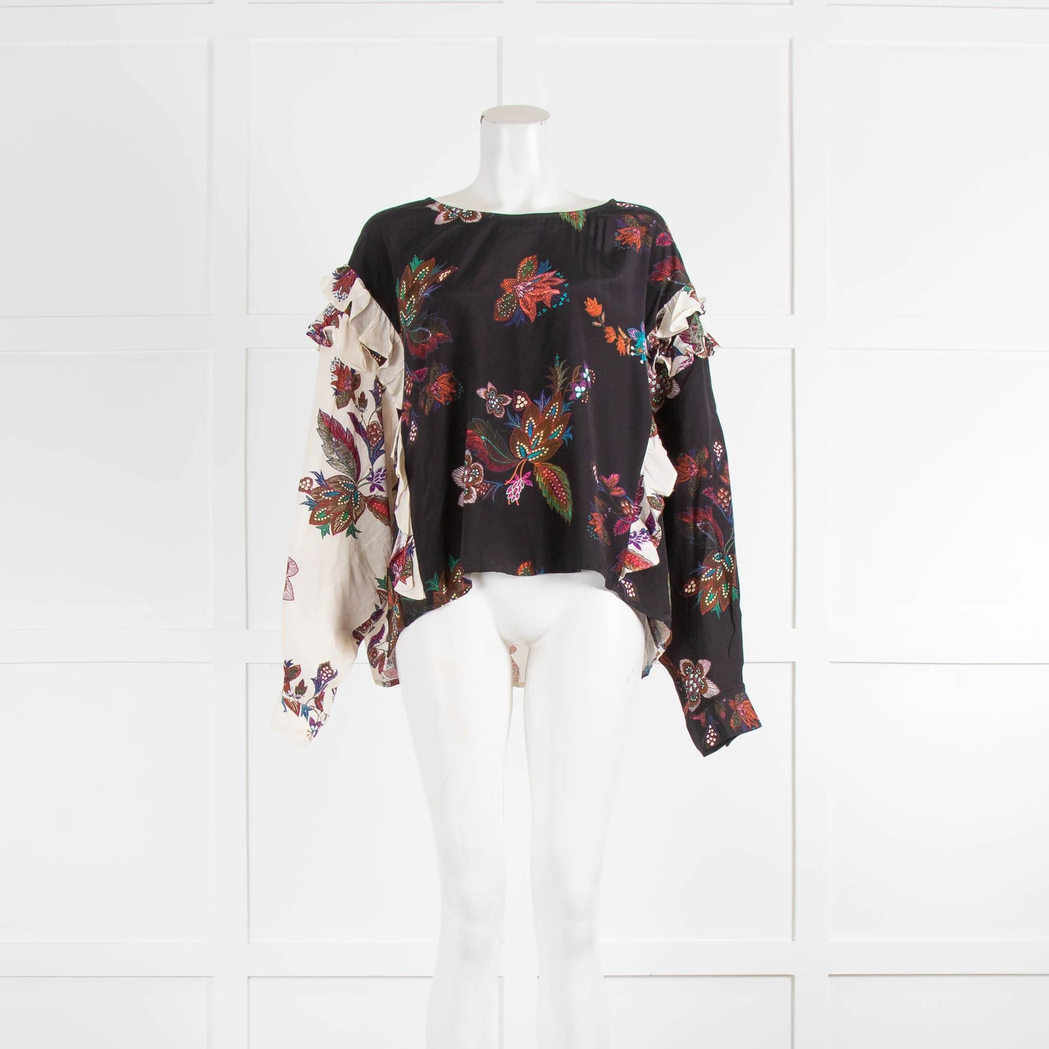Esssentiel Antwerp Black Cream Floral Frill Edge Top
