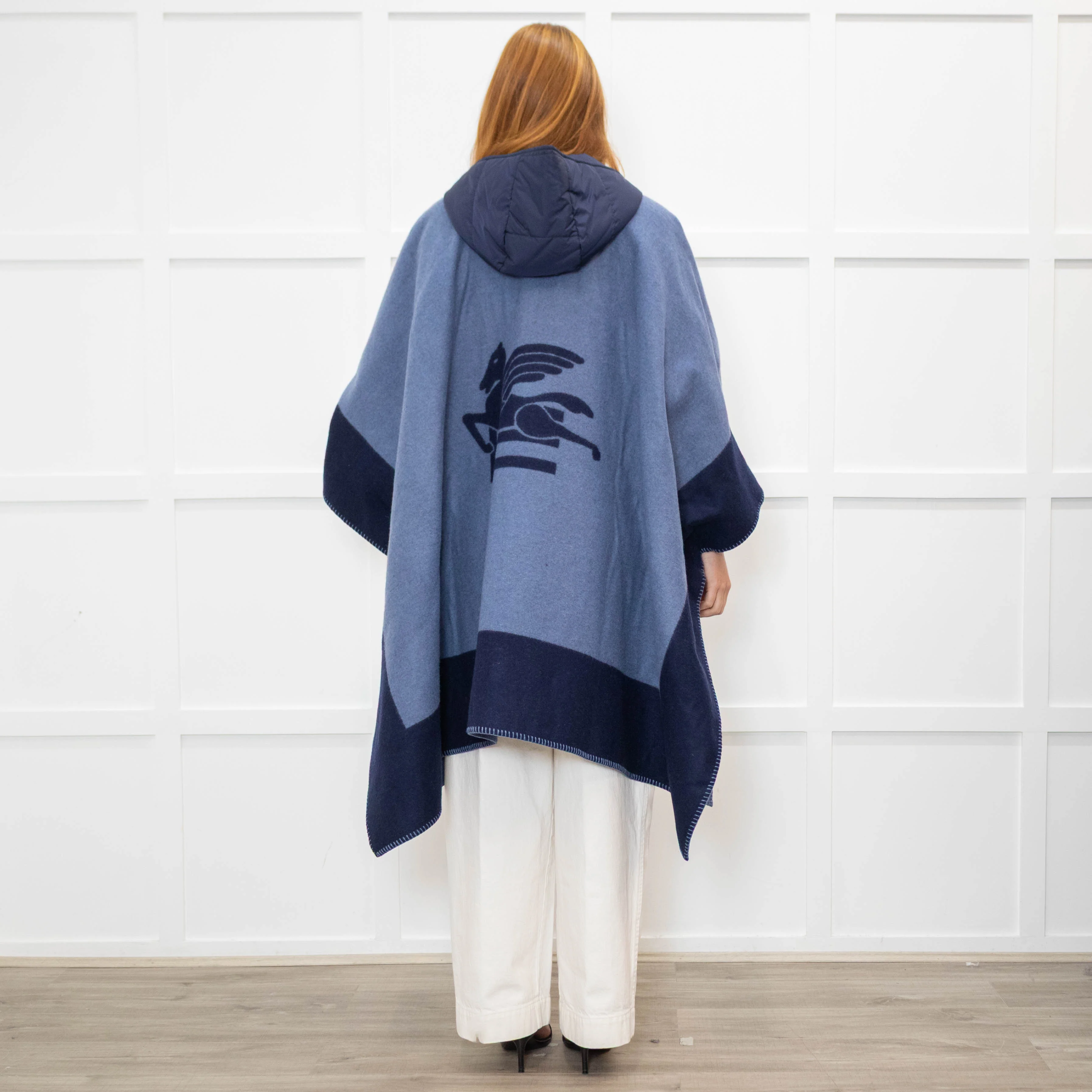 Etro Blue Navy Blue Horse Detail Wool Hooded Zip Front Cape - Image 7