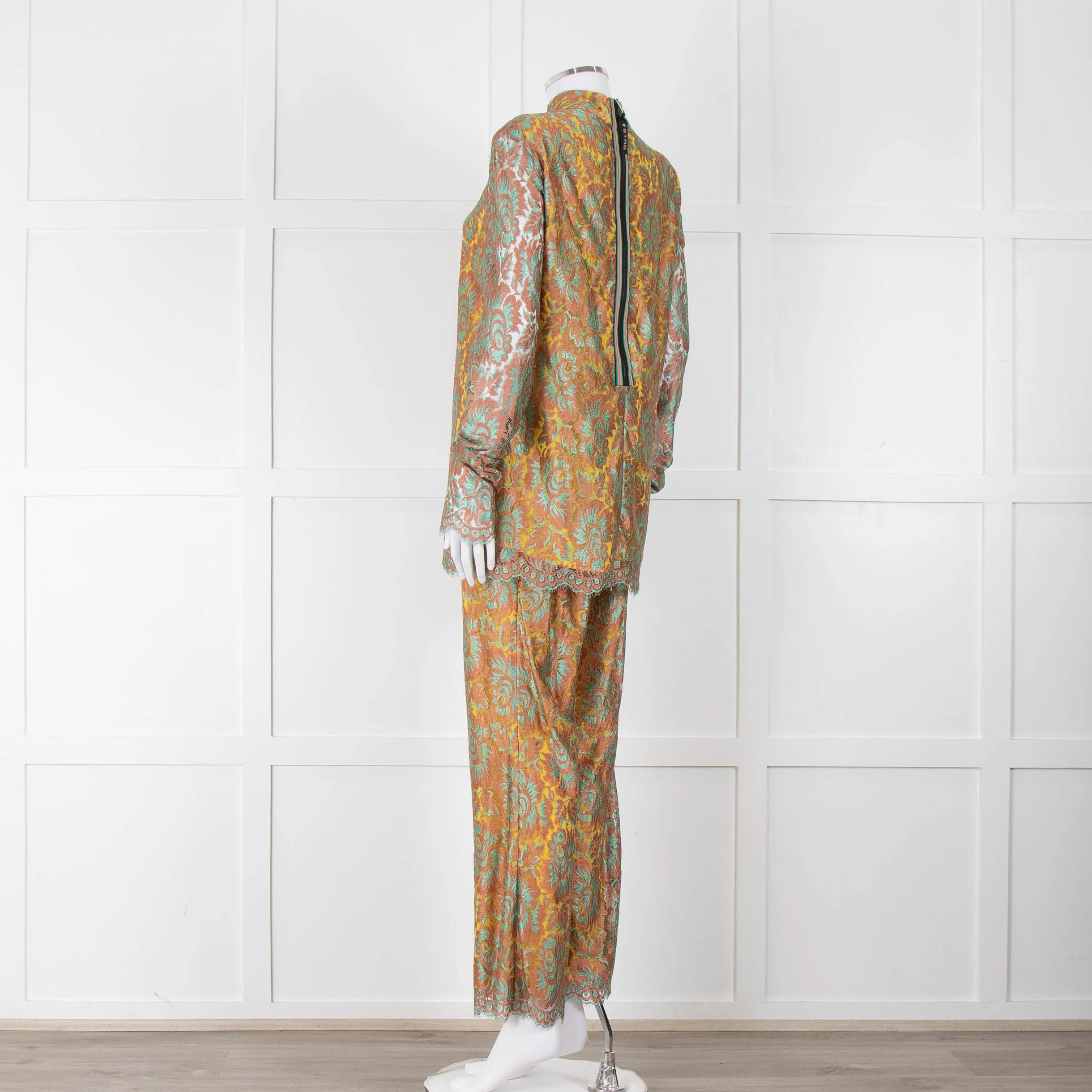 Etro Bronze and Turquoise Lace High Neck Blouse with Yellow Lining - Image 7
