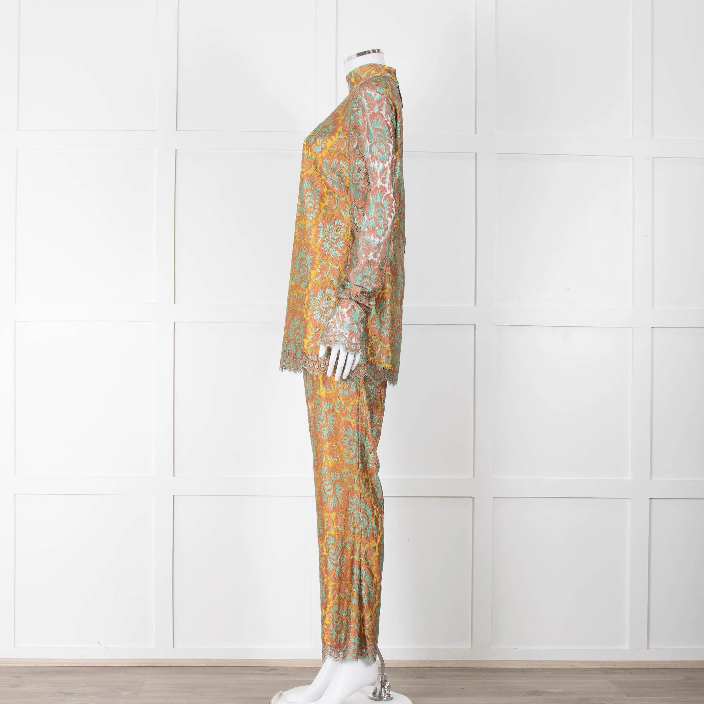 Etro Bronze and Turquoise Lace High Neck Blouse with Yellow Lining - Image 8