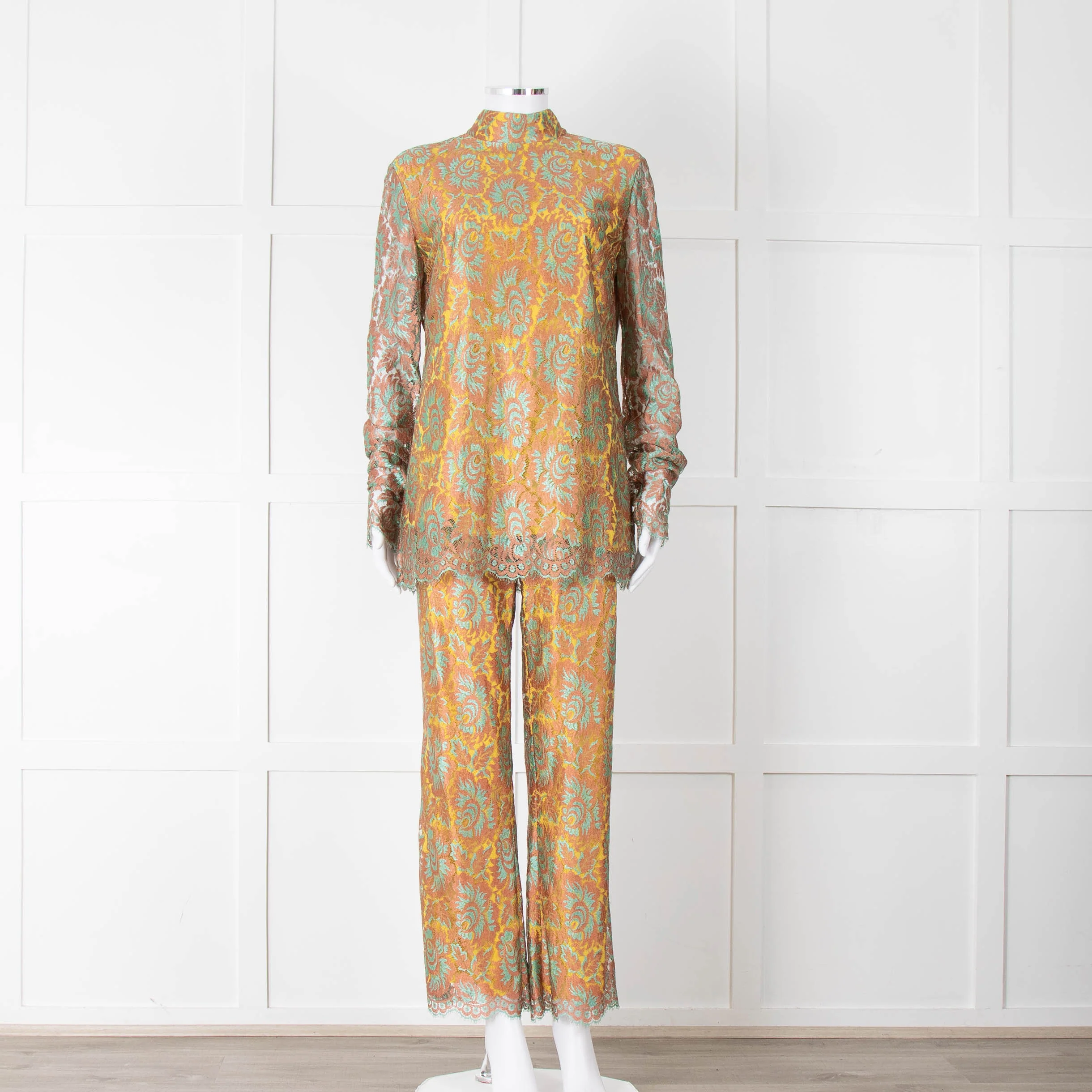 Etro Bronze and Turquoise Lace Trousers with Yellow Lining