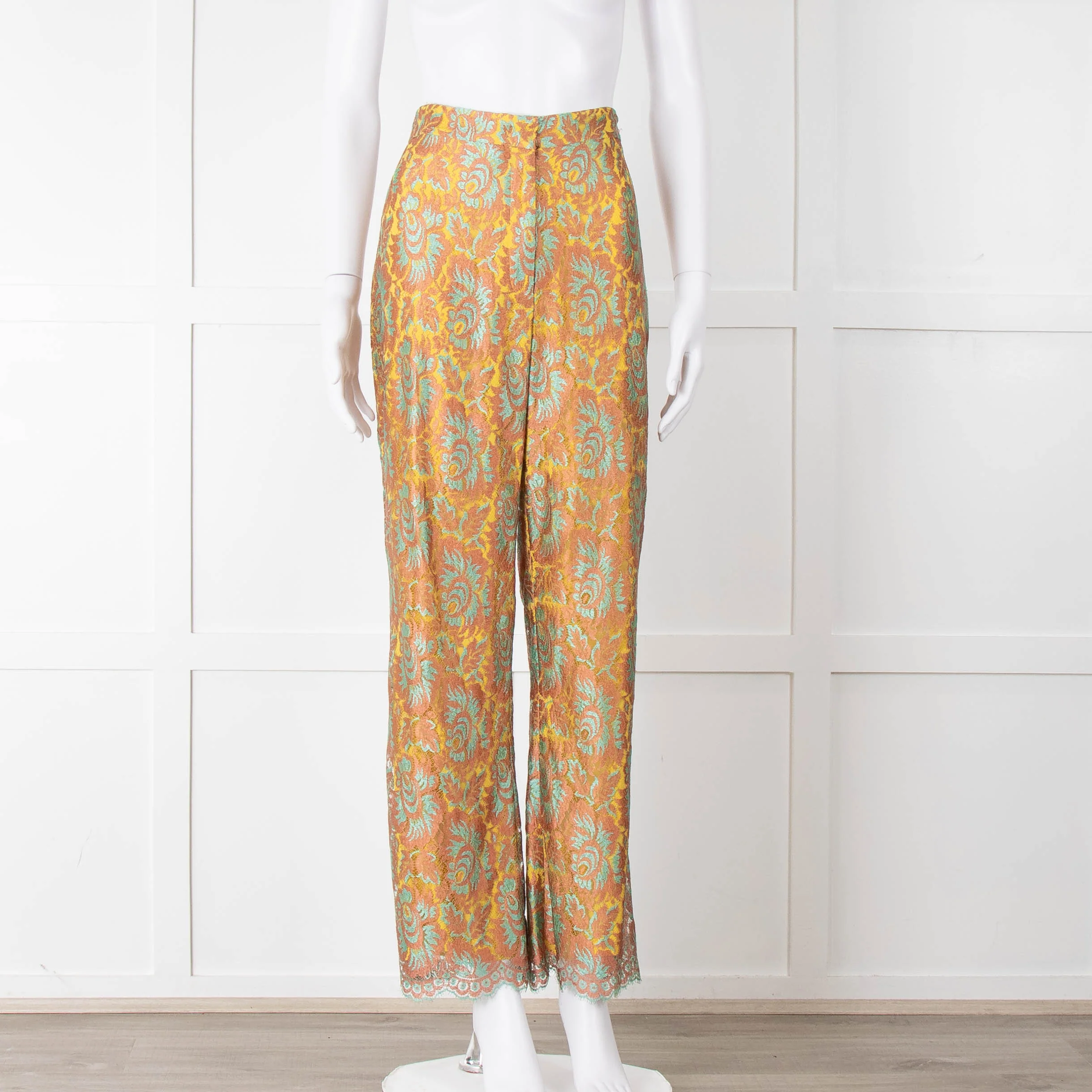 Etro Bronze and Turquoise Lace Trousers with Yellow Lining - Image 2