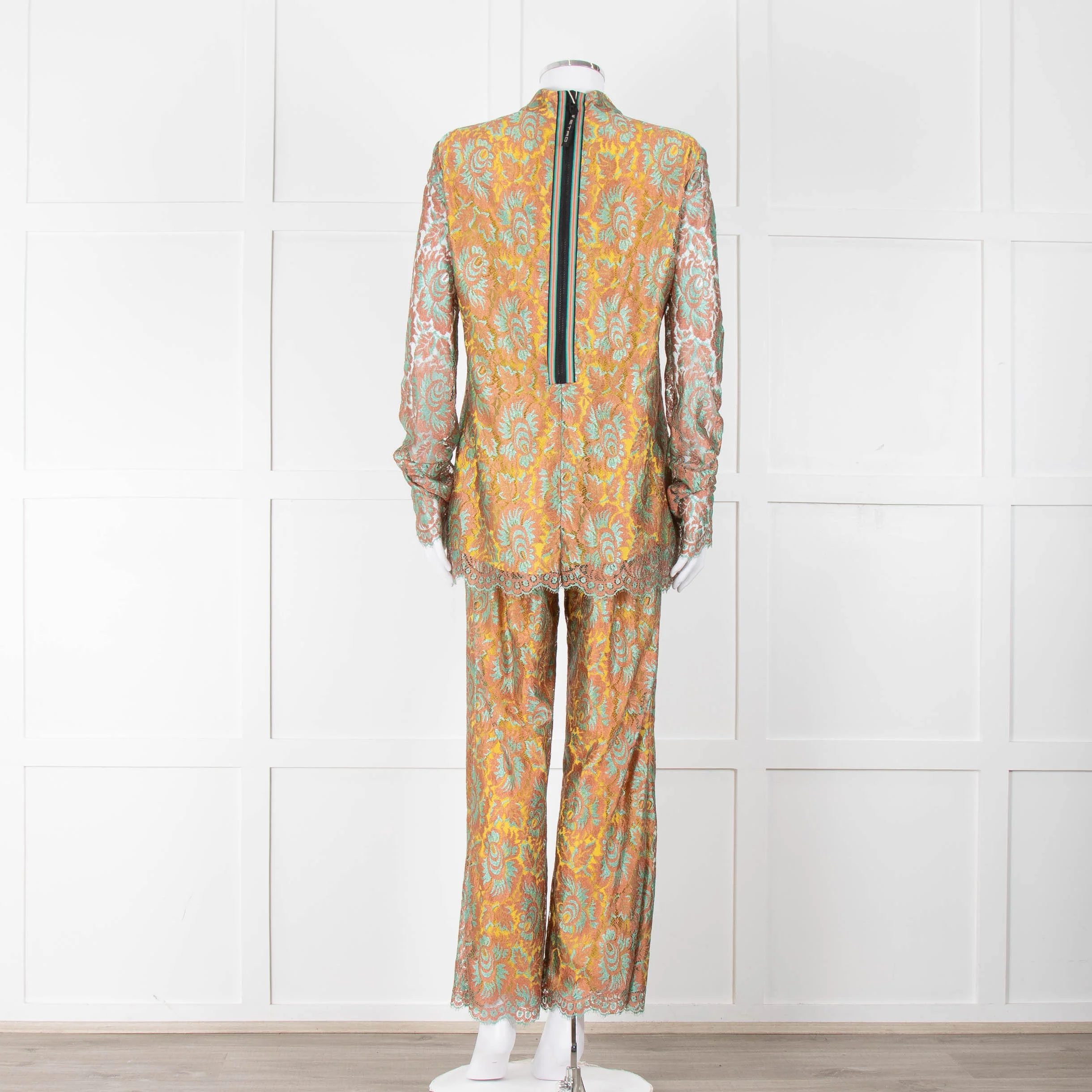 Etro Bronze and Turquoise Lace Trousers with Yellow Lining - Image 6