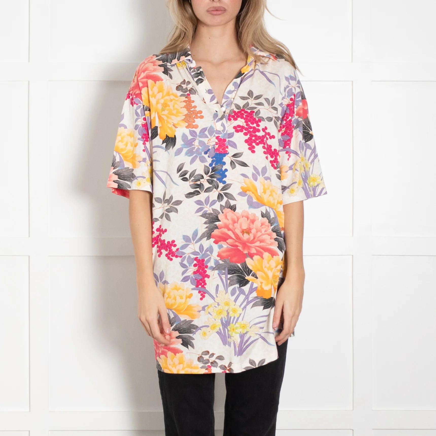 Etro Cream Multicolour Floral Short Sleeve Cotton Top - Image 2